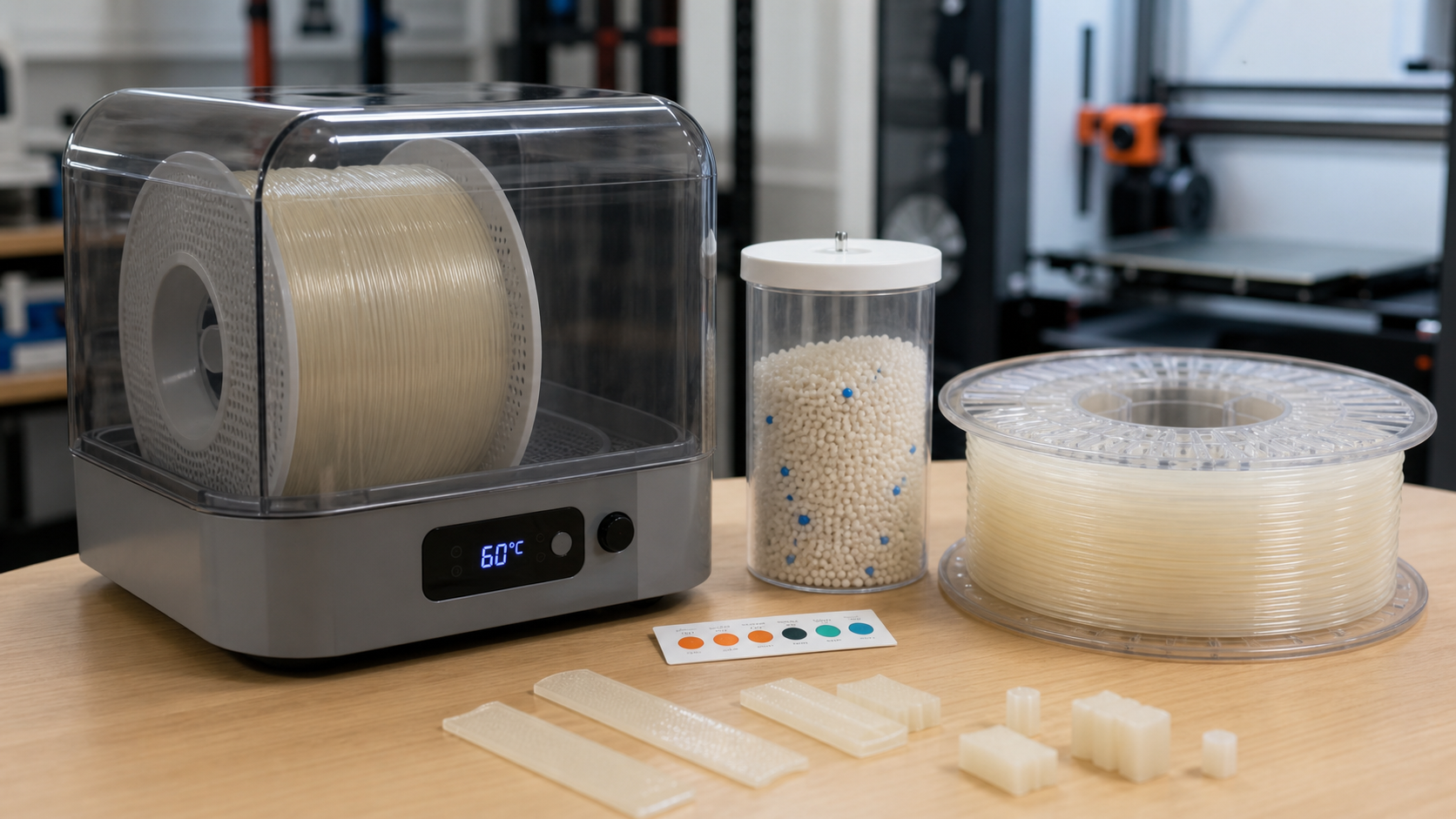 Nylon filament drying workflow with filament dryer, desiccant container, dry spool and printed test pieces