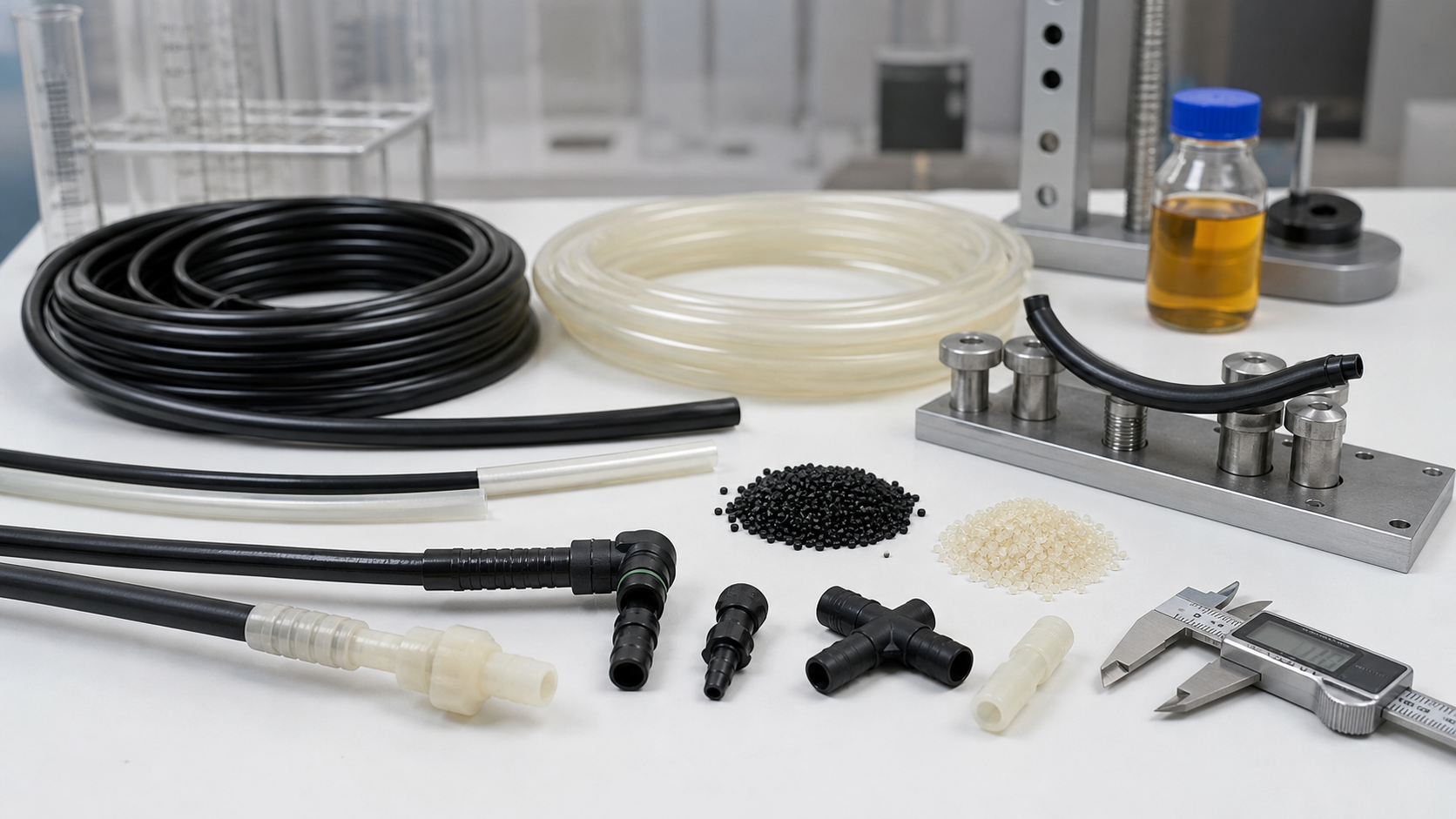 PA11 versus PA12 tubing and flexible part comparison PA11 and PA12 tubing material comparison with bend test fixture, pellets, fittings and calipers