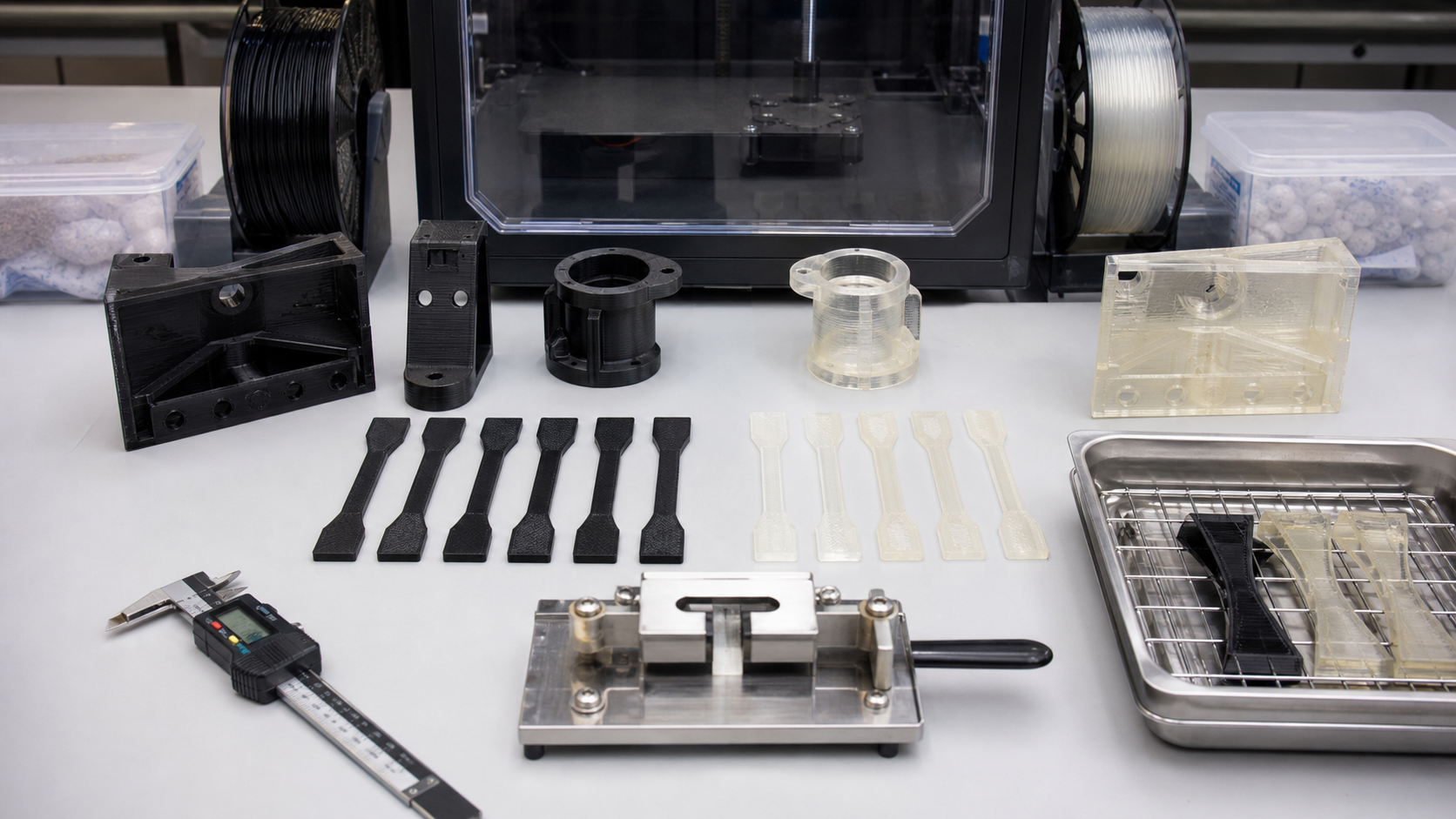 PC-ABS and polycarbonate printed test parts compared with tensile bars, calipers and enclosed printer