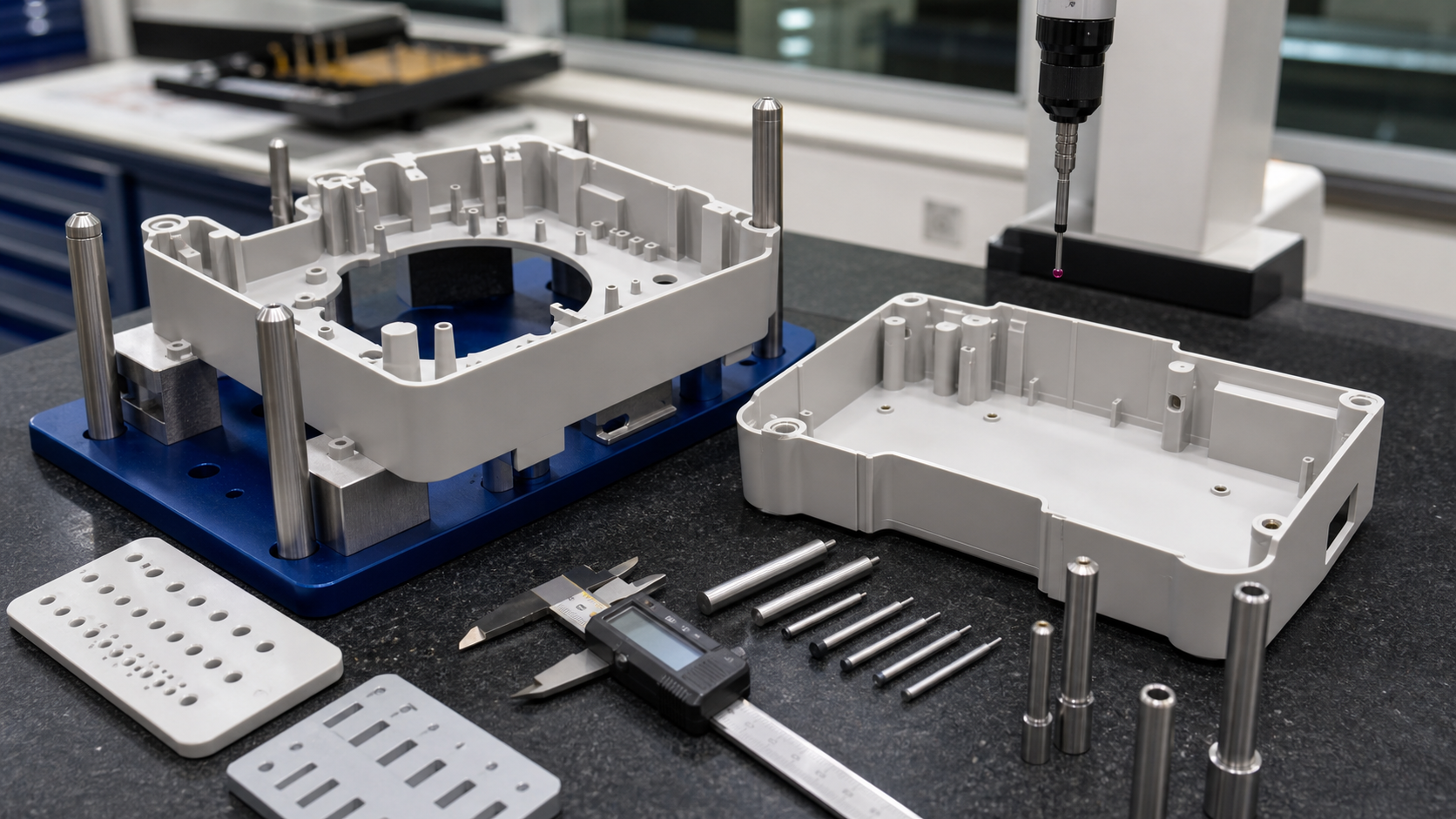 plastic part tolerance stack up inspection workflow Plastic molded assembly tolerance inspection with housing halves fixture gauge pins calipers and CMM probe