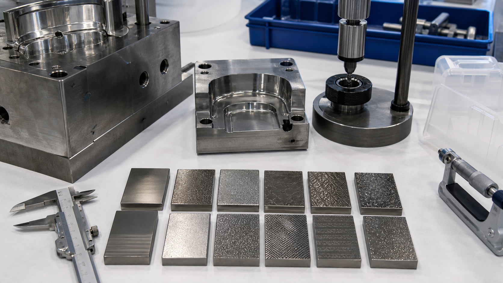 Mold steel surface finish and hardness review with cavity insert texture coupons calipers and inspection fixture