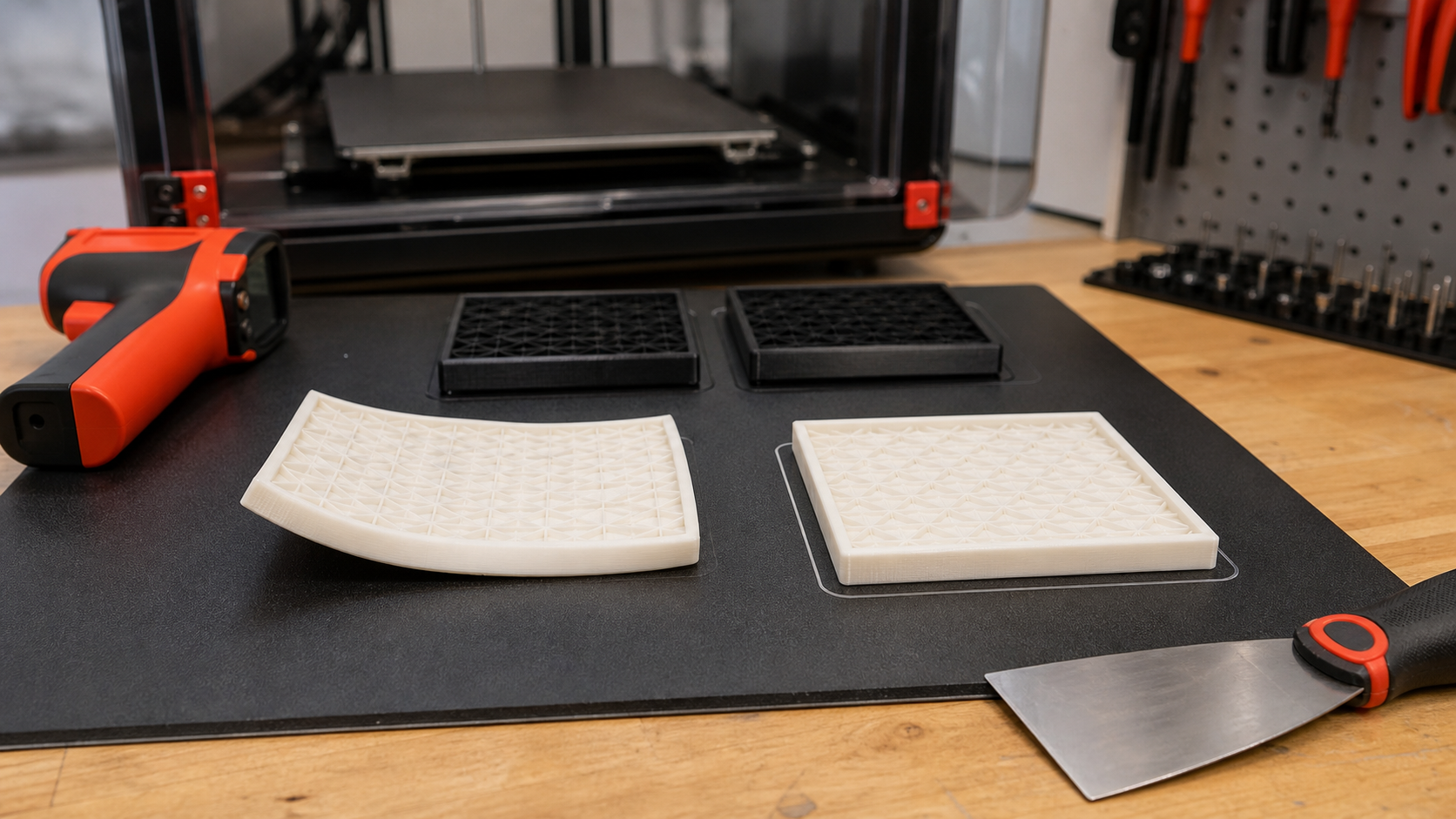 Comparison of warped and corrected 3D printed polymer test pieces on a printer build plate