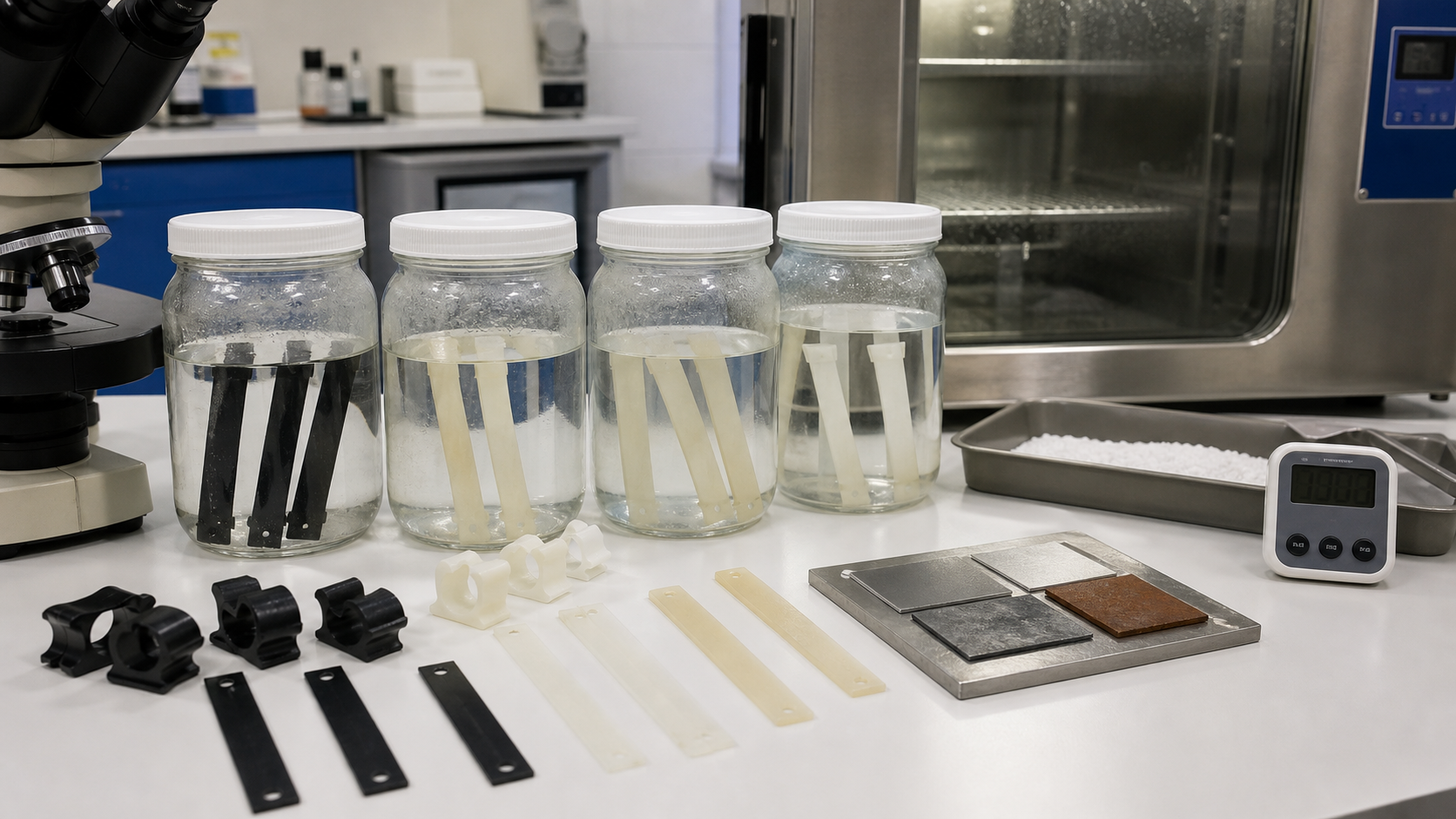 Nylon road salt and zinc chloride stress cracking test with sample jars, humidity chamber and microscope