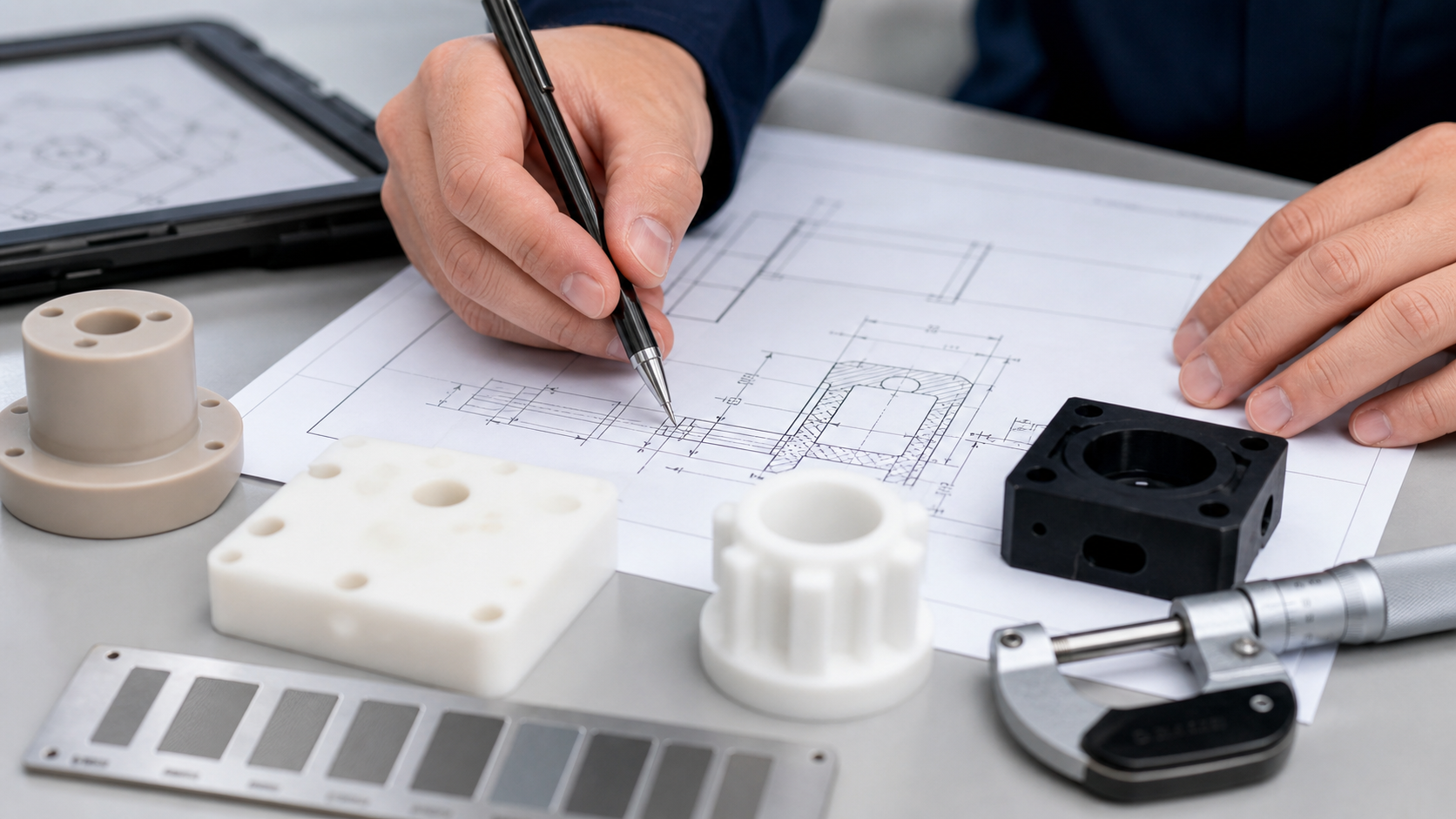 Engineer reviewing medical plastic CNC machining materials and tolerance drawing
