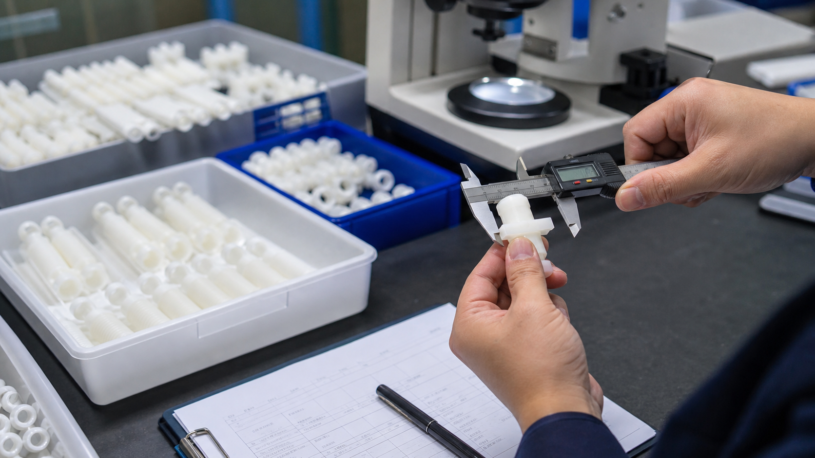Quality inspection of CNC machined medical plastic components with caliper