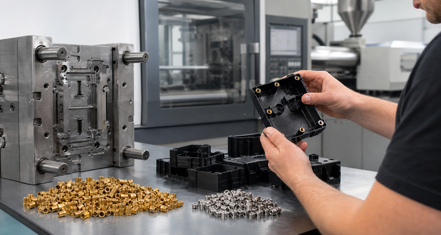 Metal insert molding setup with plastic housing, insert tooling and molded components