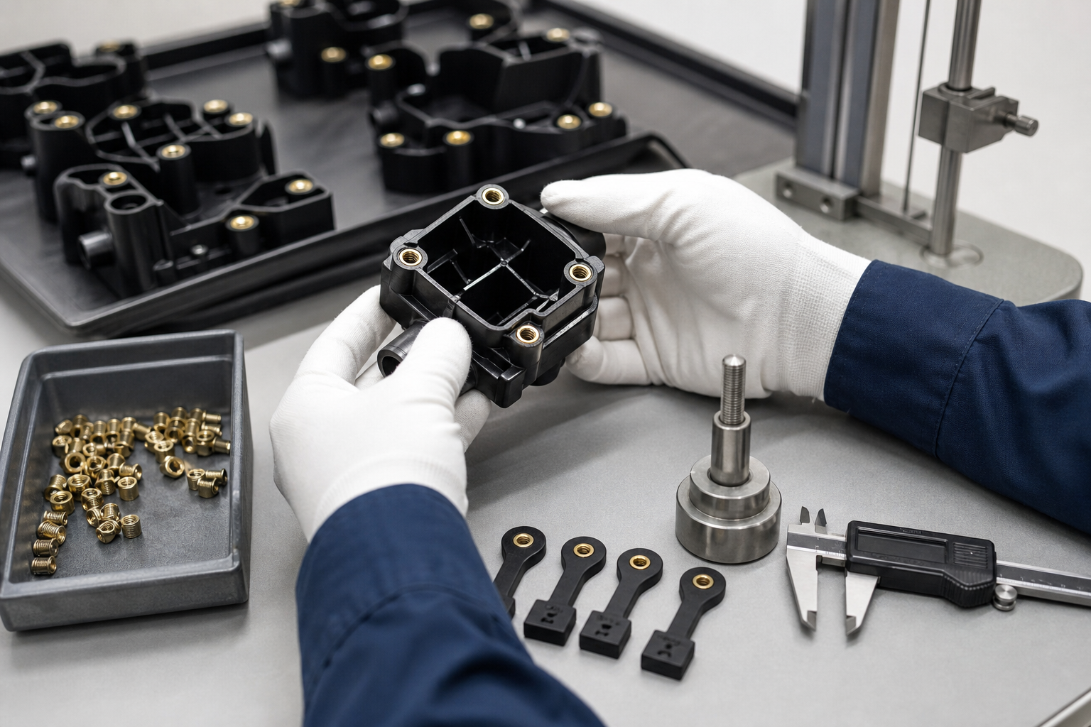 Inspection of metal insert molded plastic parts with retention and dimension checks