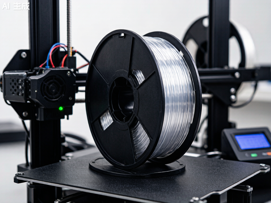 Polycarbonate PC filament spool on industrial 3D printer showing transparent material properties