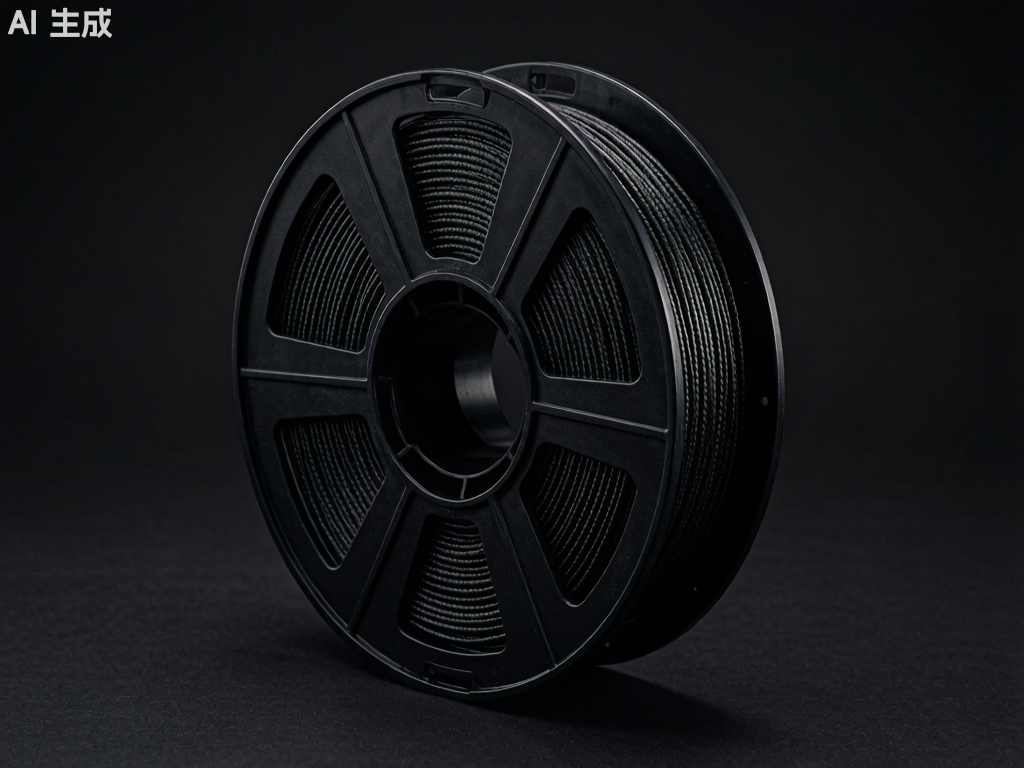 PC-CF carbon fiber filled polycarbonate filament spool and printed engineering part showing matte black surface finish