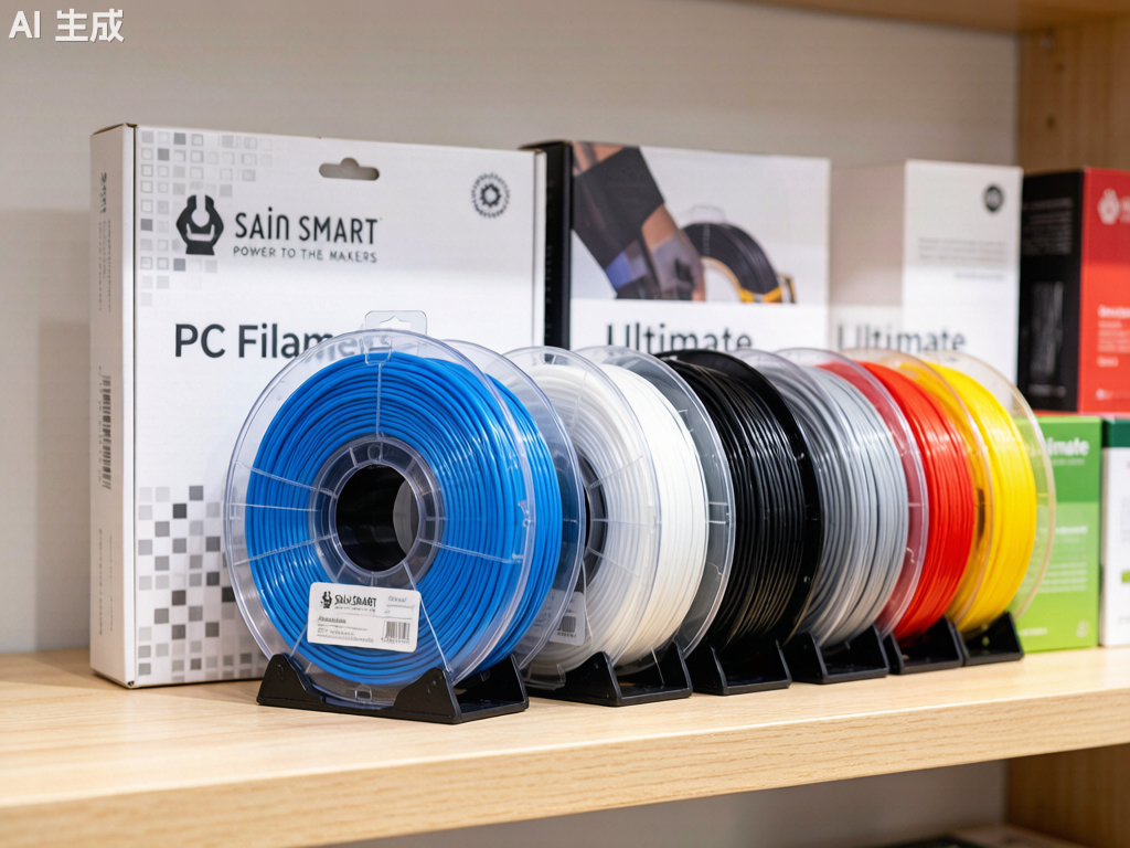 Various PC filament spools from different manufacturers showing branding and packaging comparison