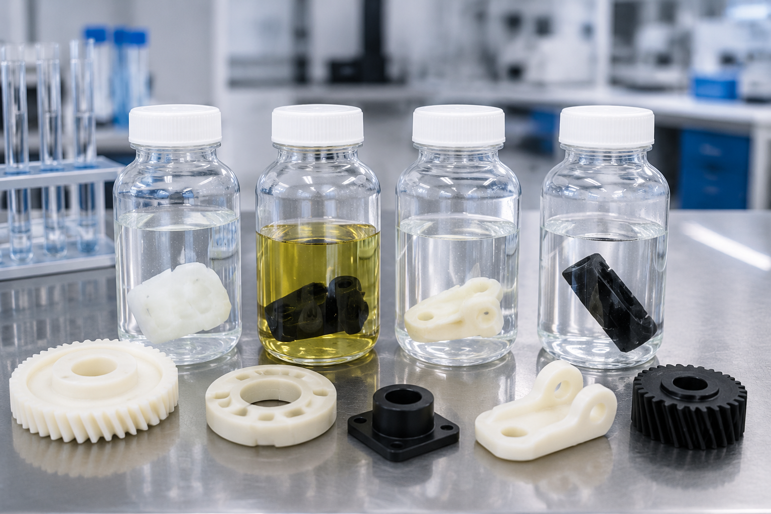 Nylon chemical compatibility testing Nylon parts and sealed lab test containers used for chemical compatibility screening