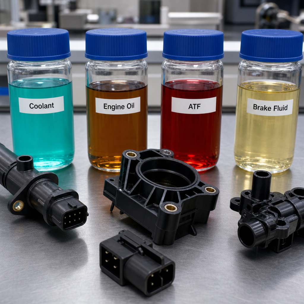 Laboratory test setup for nylon automotive parts exposed to coolant oil ATF and brake fluid