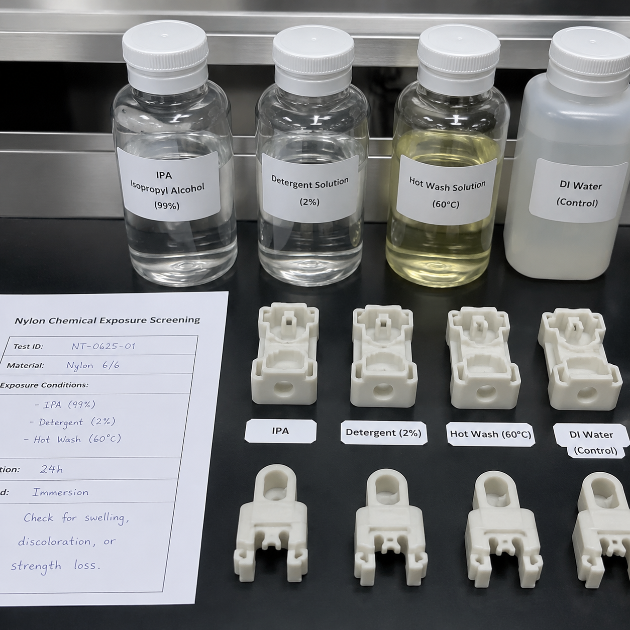 Close-up of nylon parts in a cleaning chemical exposure test setup