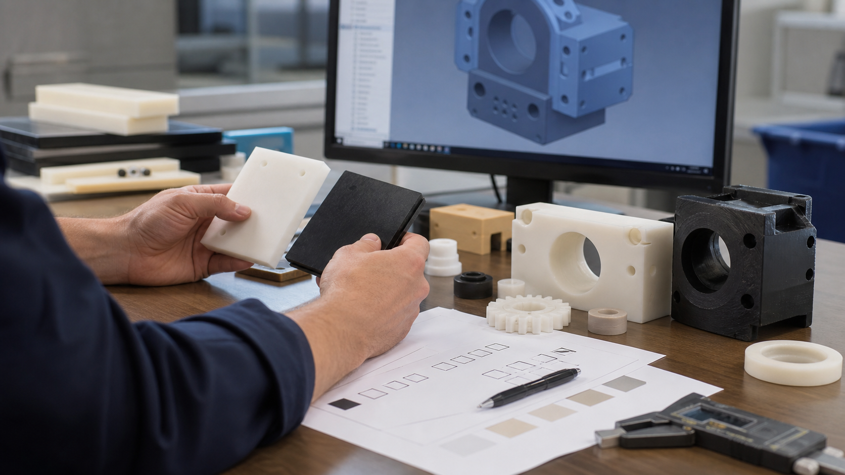 Nylon CNC Machining Services: Materials, Tolerances and Quote Checklist Engineer comparing nylon and engineering plastic materials for CNC machining