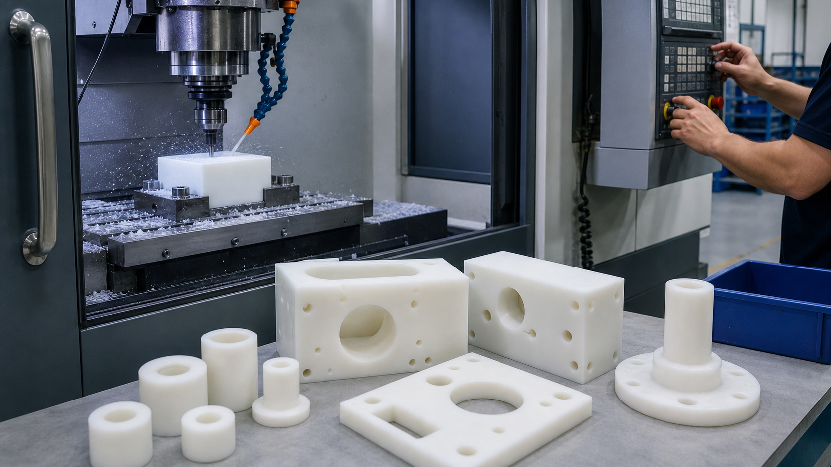 Nylon CNC Machining Services: Materials, Tolerances and Quote Checklist Nylon CNC machining service producing custom white nylon parts