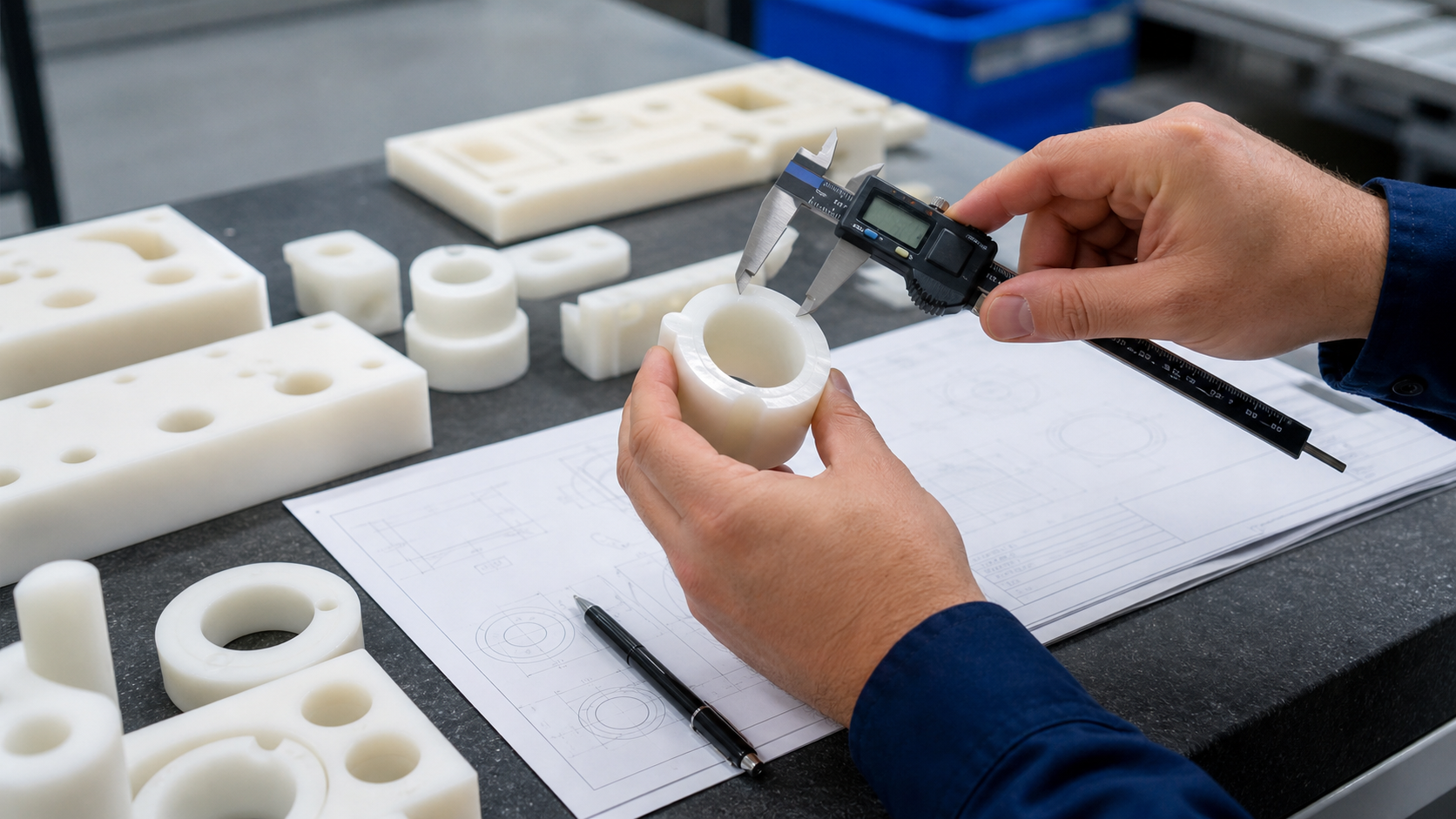 Nylon CNC Machining Services: Materials, Tolerances and Quote Checklist Tolerance inspection of CNC machined nylon bushing with digital caliper