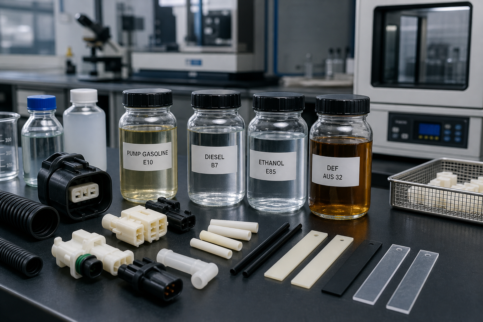 Nylon fuel connector samples beside gasoline diesel ethanol DEF and oil jars for fuel resistance testing