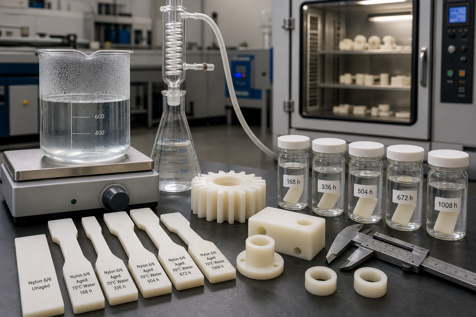 Nylon test coupons aged in hot water with bottles marked by exposure time and calipers for dimensional checks