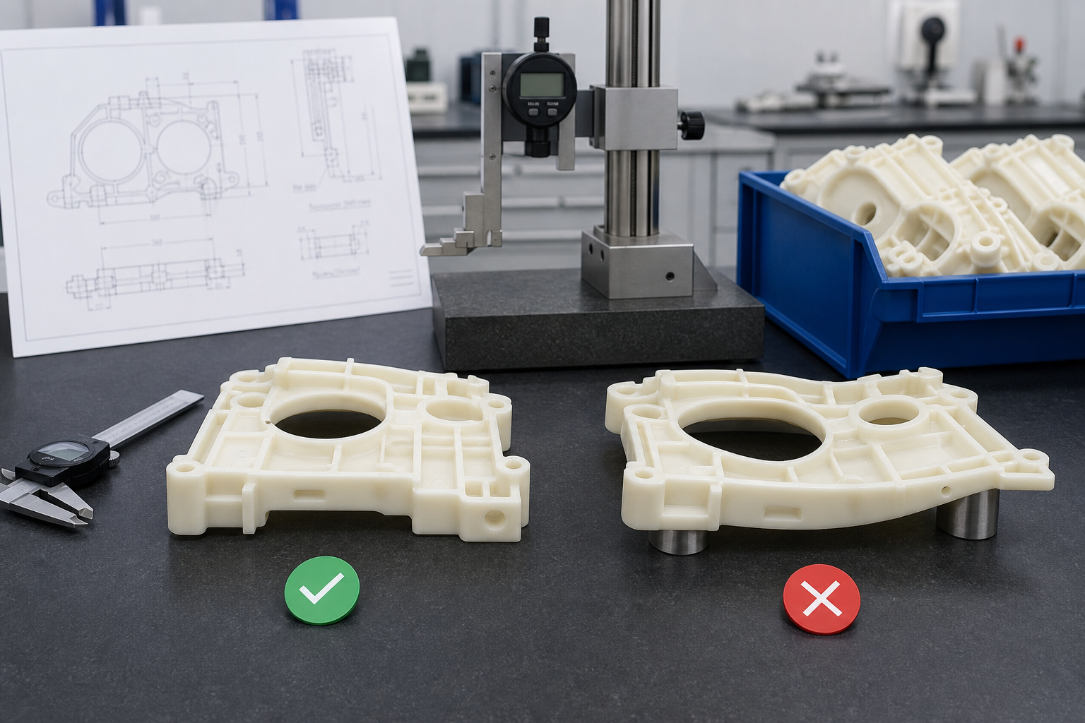 Nylon molded part inspection showing tolerance and warpage control