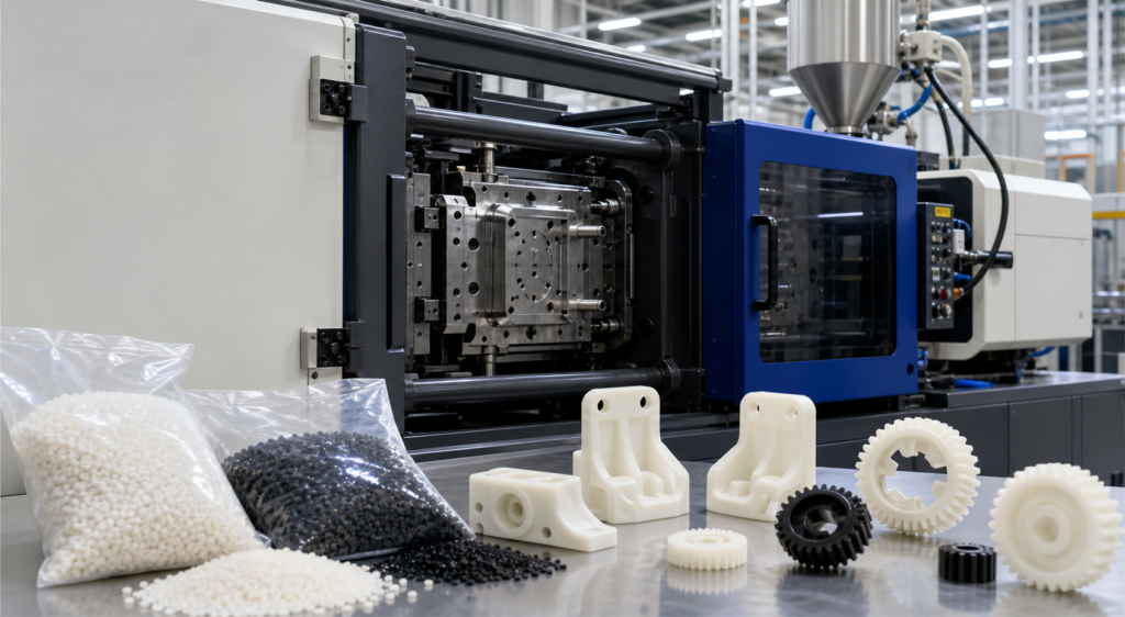 Nylon injection molding machine producing custom PA6 and PA66 plastic parts