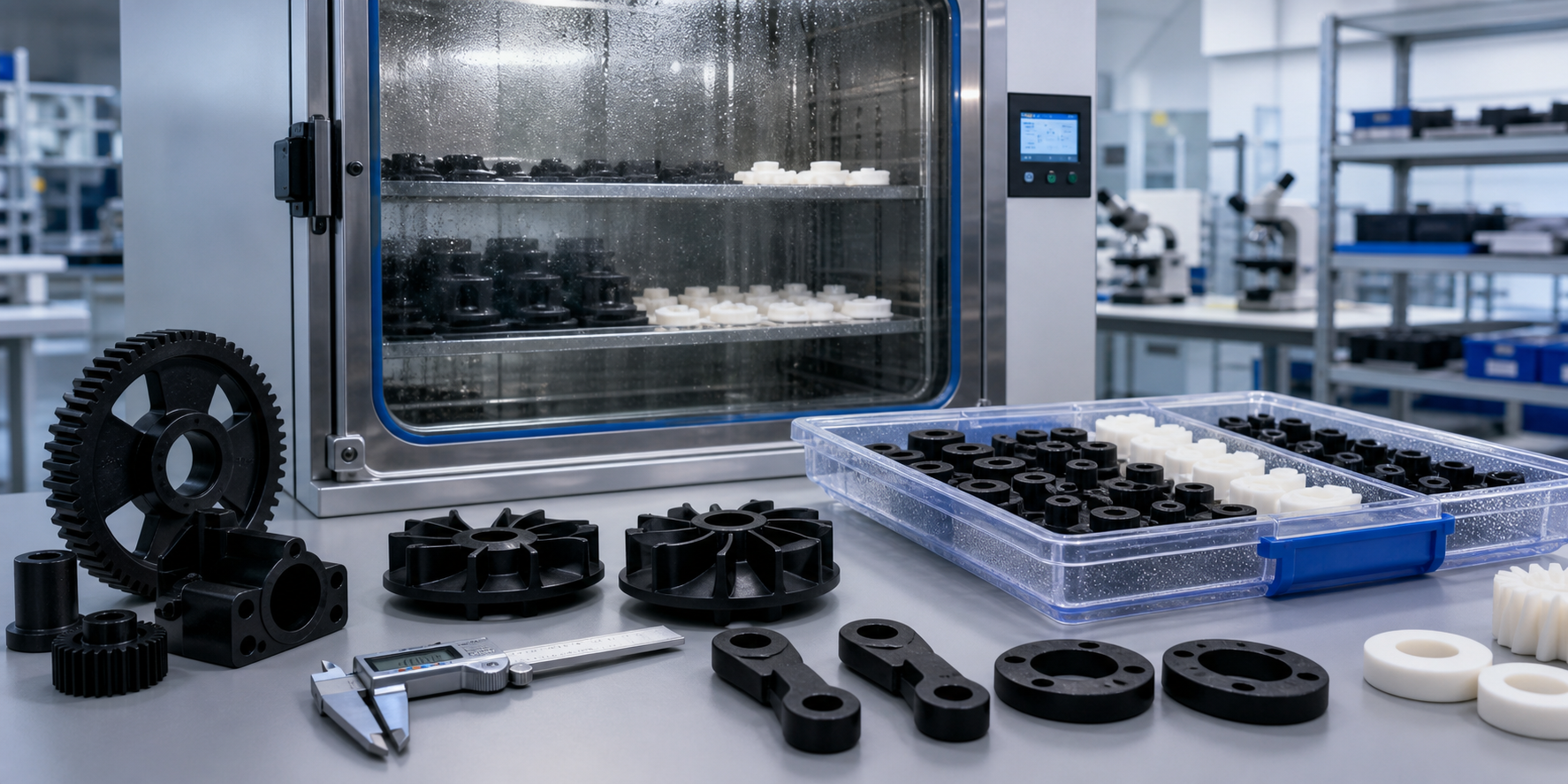 Nylon moisture absorption control in a polymer testing lab