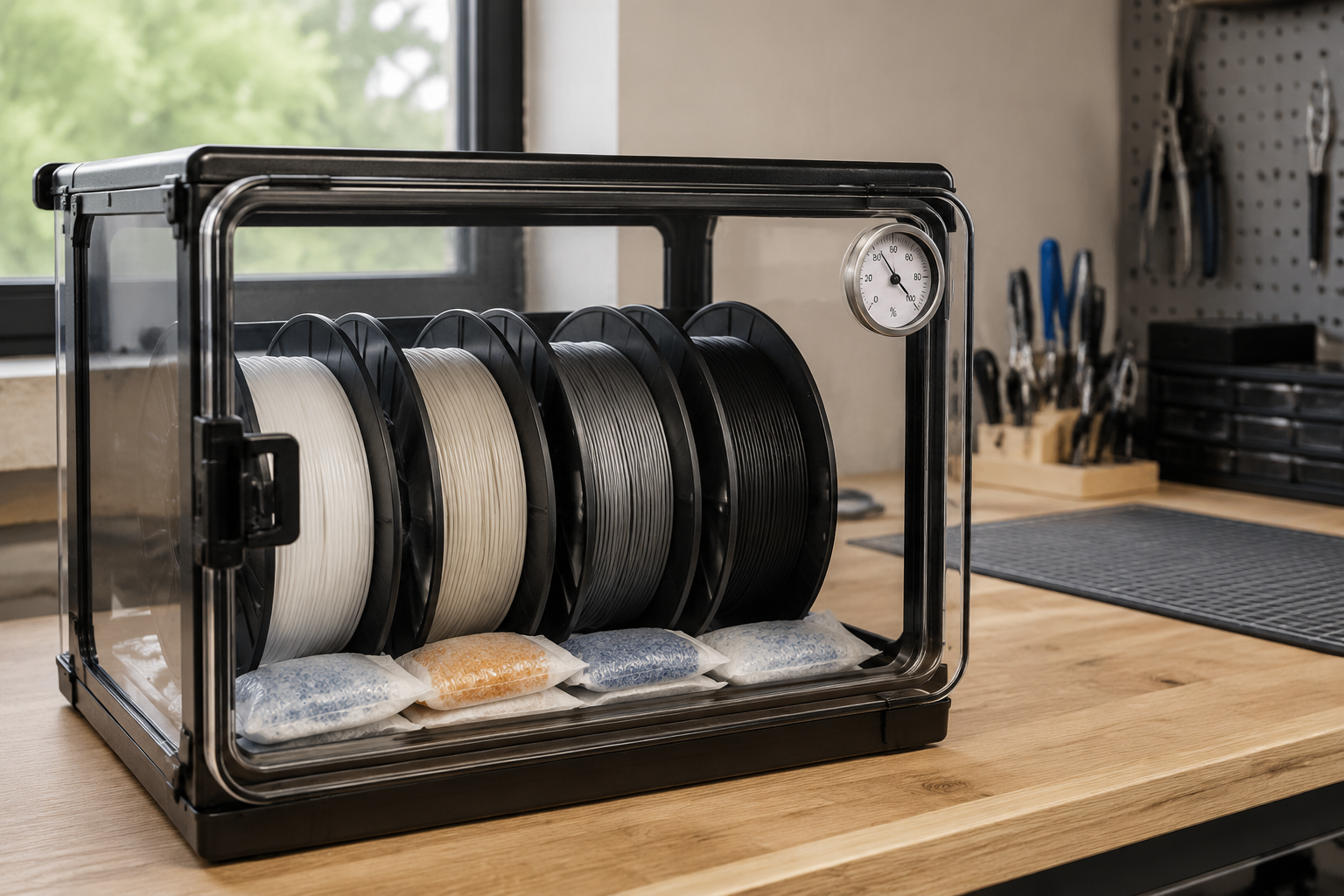 Sealed dry storage box for nylon filament with multiple spools, hygrometer, and desiccant packs on a workshop bench