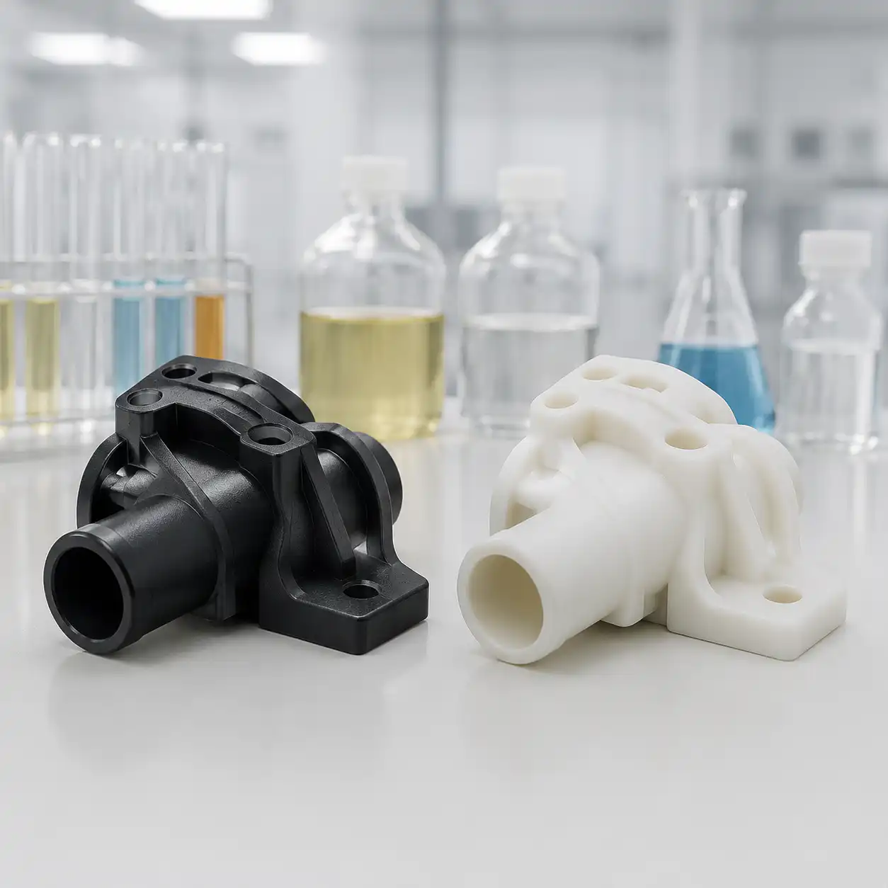 Nylon and polypropylene molded parts side by side on a testing bench for chemical resistance comparison