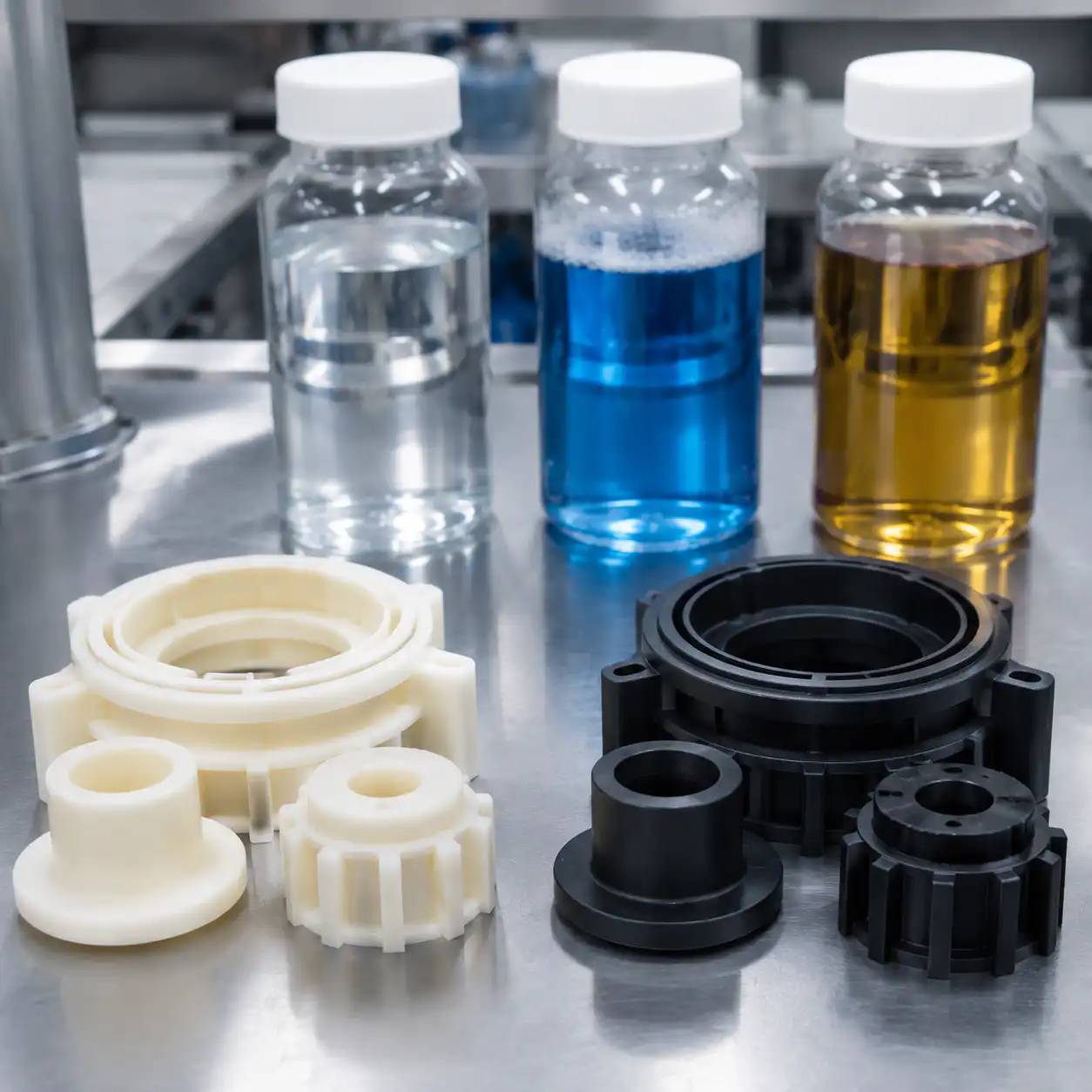 Nylon and polypropylene parts beside water cleaner and oil samples in a materials lab