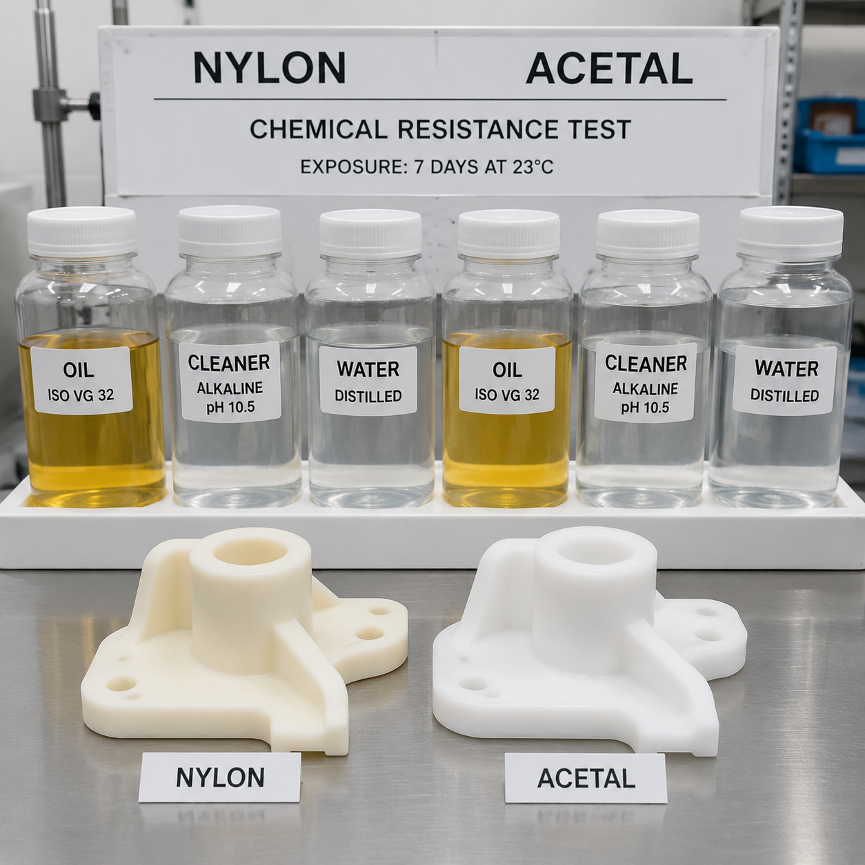 Close-up of nylon and acetal test parts beside fluid containers in a materials lab