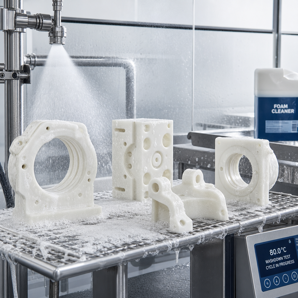 Nylon Washdown Chemical Resistance Hero Nylon equipment parts in a washdown sanitation test scene with hot water and foam cleaner
