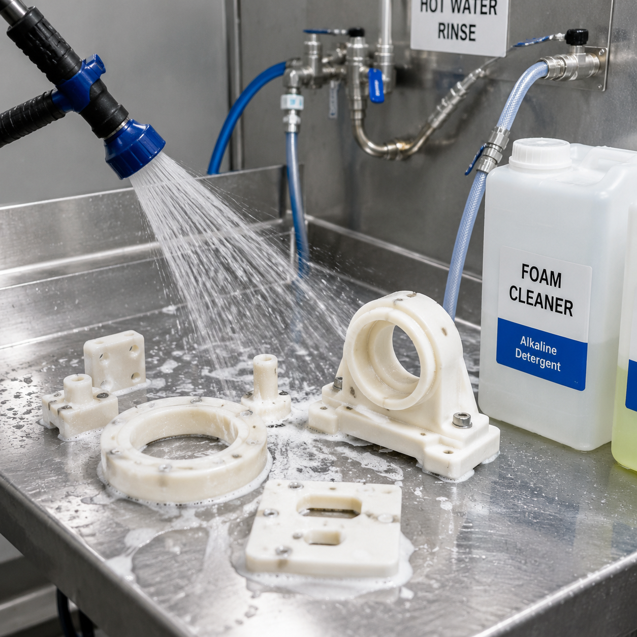 Washdown Test Setup for Nylon Parts Close-up washdown test setup with nylon parts hot water and foam cleaner