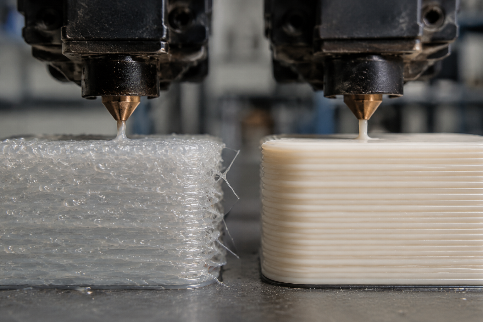 Side-by-side comparison of wet nylon extrusion with rough bubbly print lines versus dry nylon extrusion with smooth consistent layers