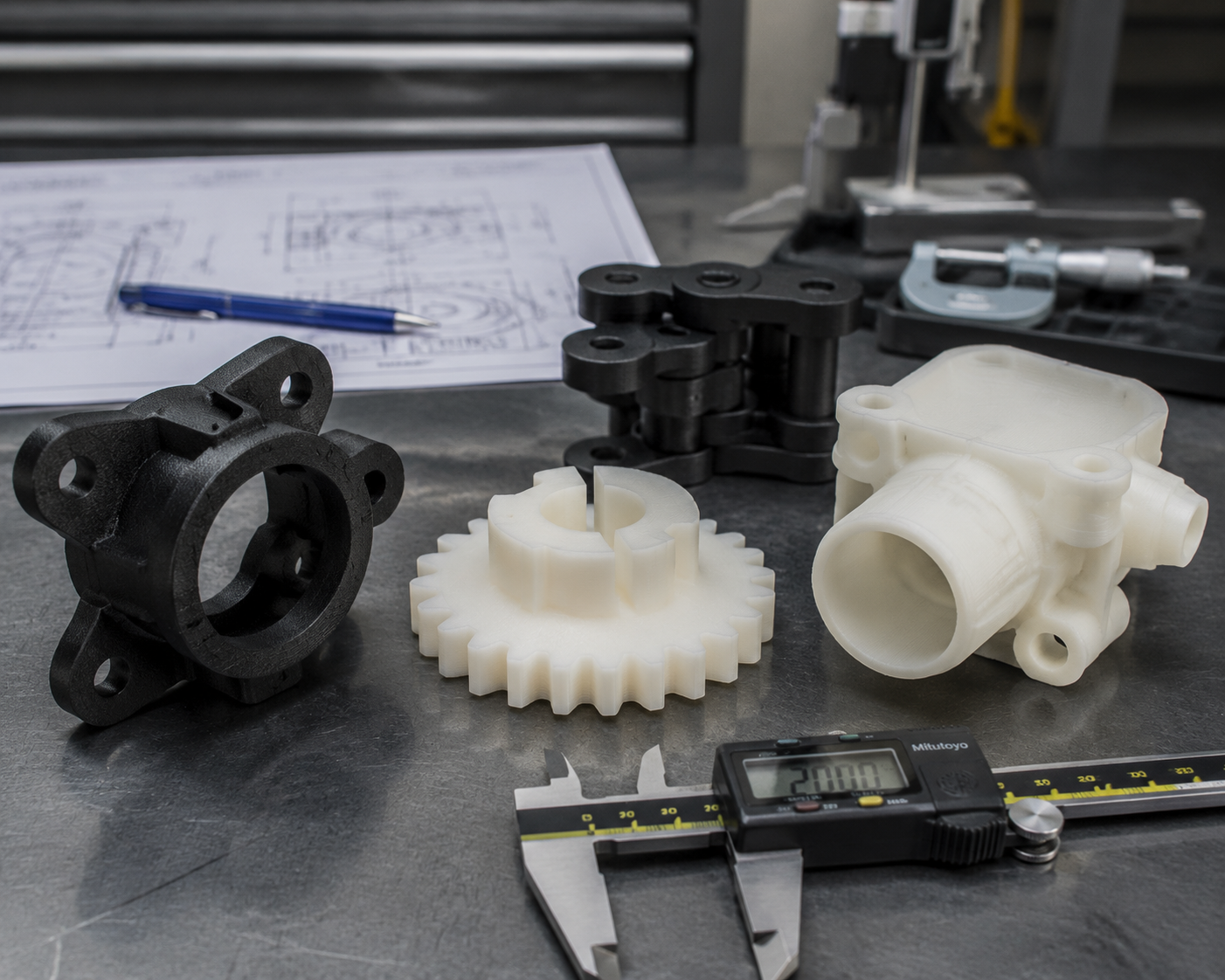 Nylon PA6 and PA12 3D printed functional parts on engineering workbench