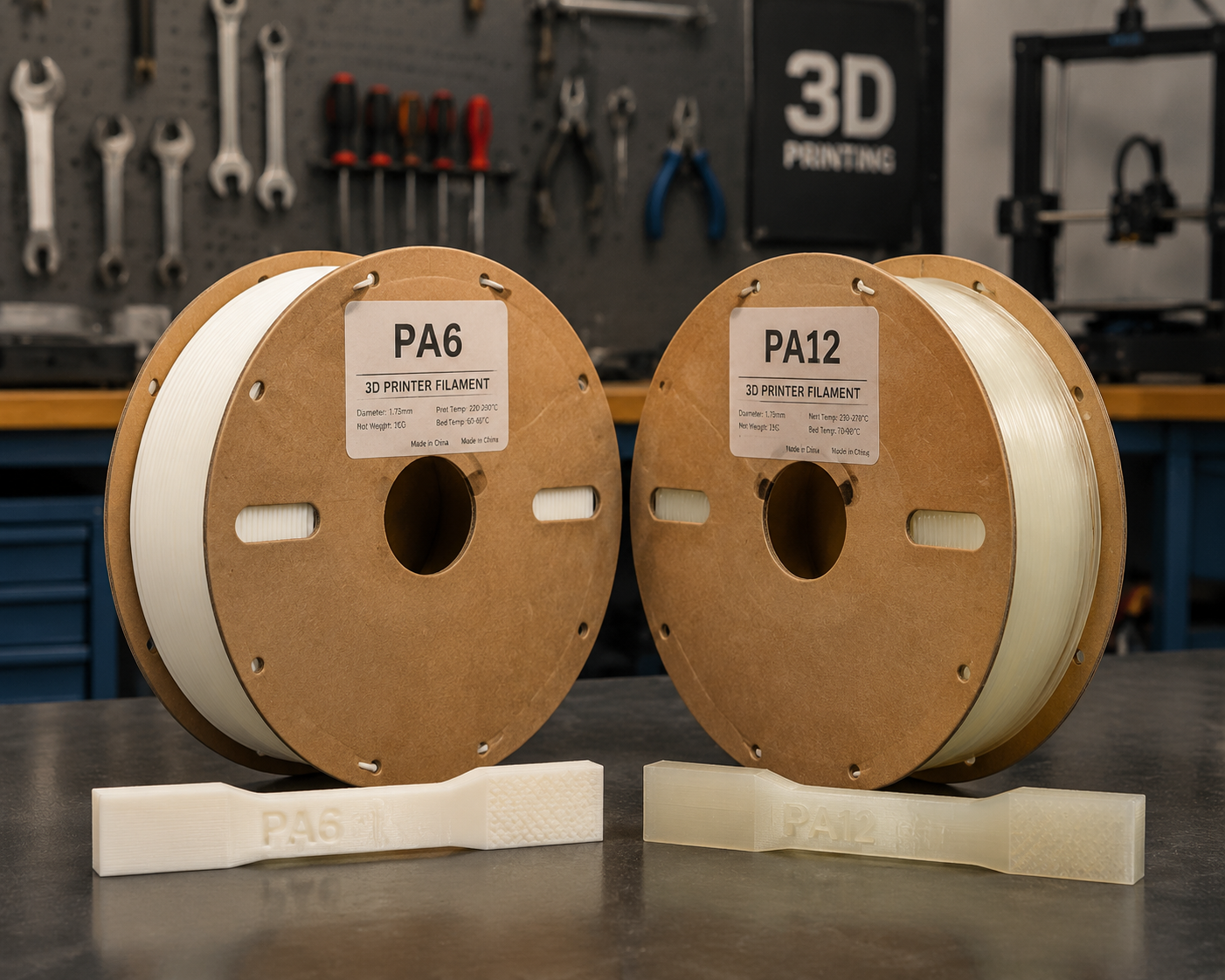 Nylon PA6 and PA12 filament spools comparison with printed test parts