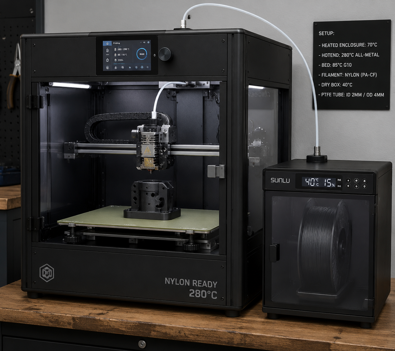 Nylon 3D printing in heated enclosure showing proper setup