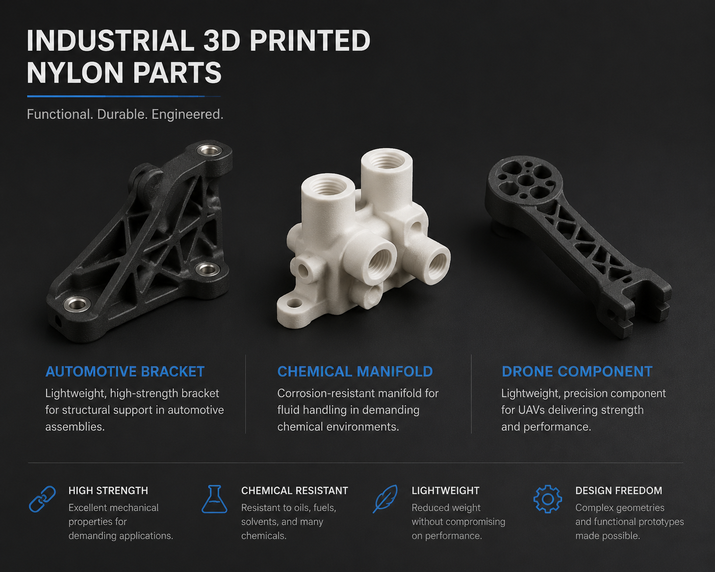 Industrial applications of 3D printed nylon parts