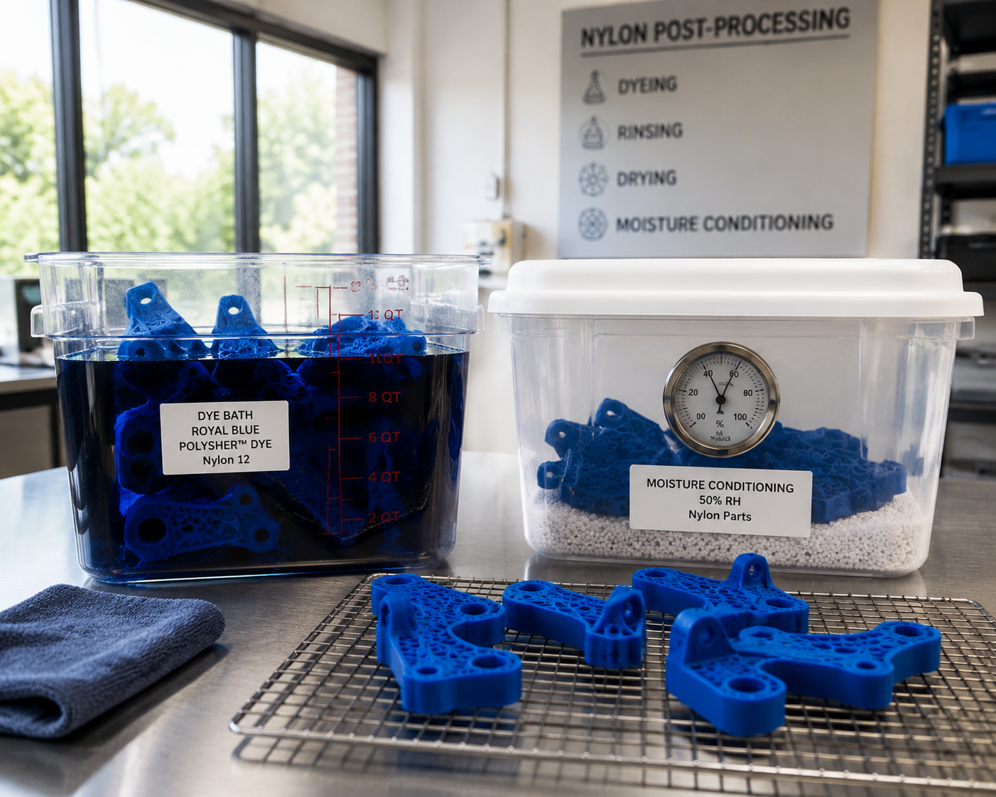 Post-processing nylon 3D printed parts with dyeing and moisture conditioning