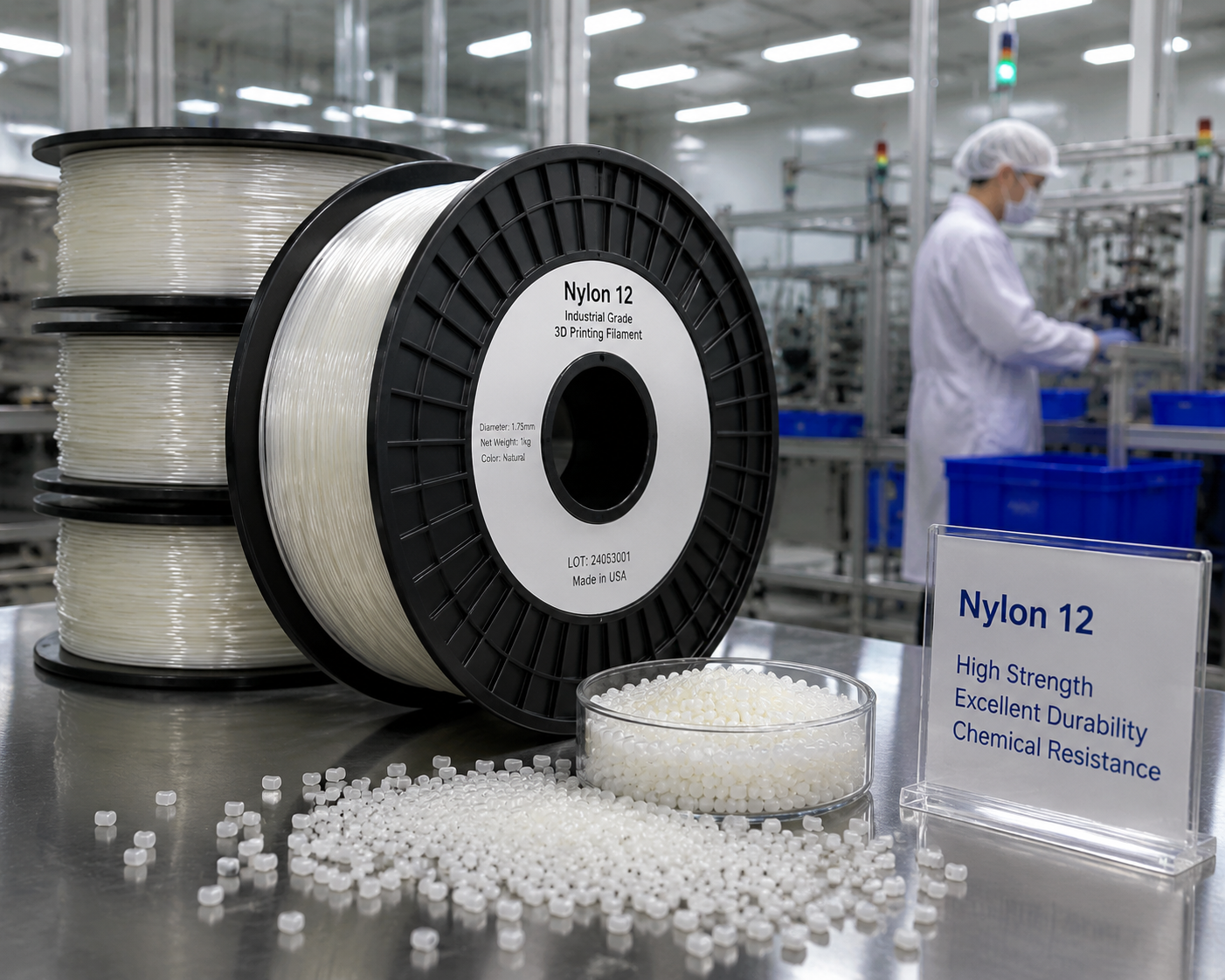 Industrial nylon filament spools and pellets for 3D printing production