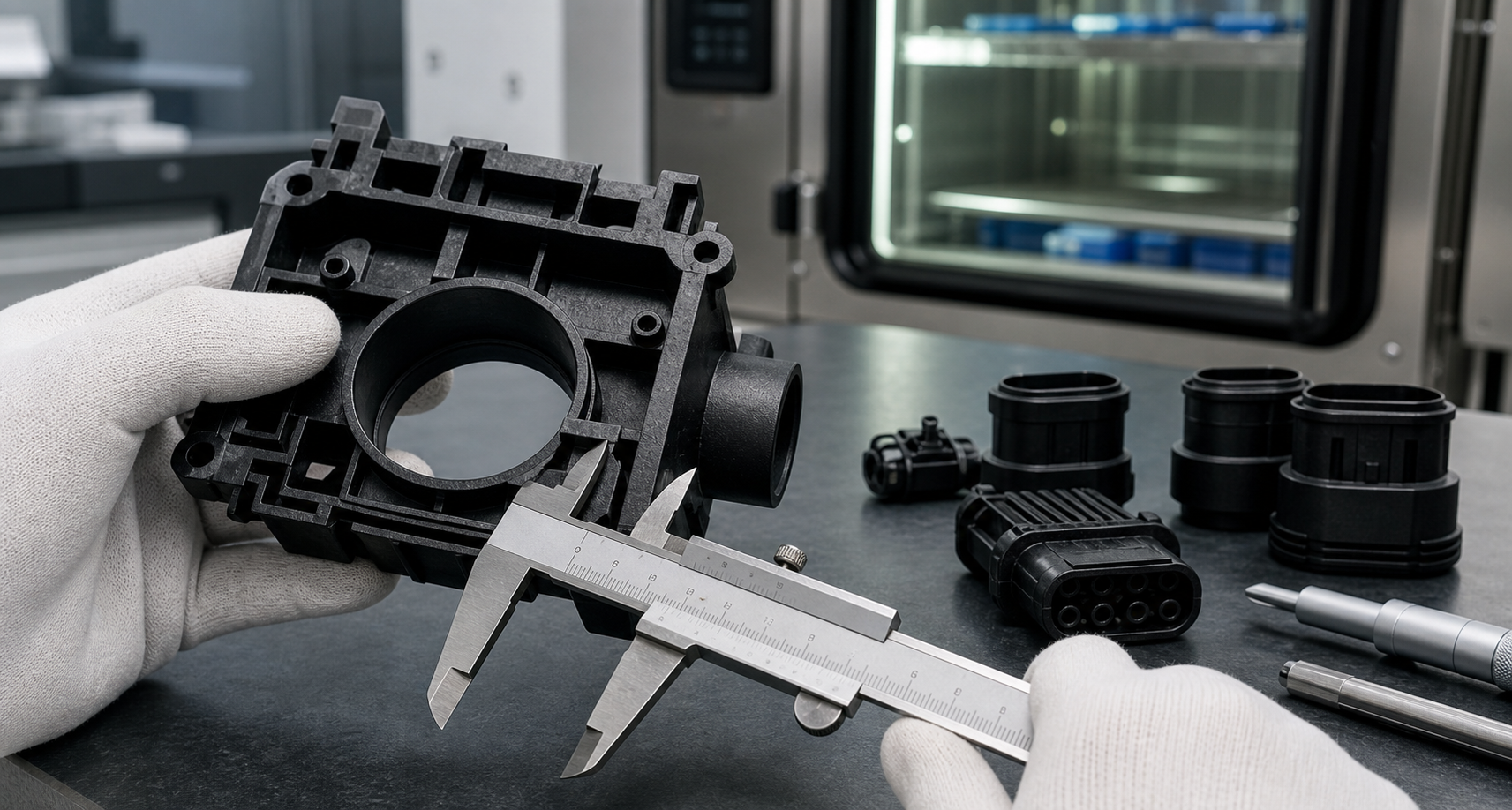 PA12 GF30 Material Guide: Properties, Applications and Selection PA12 GF30 molded parts showing dimensional stability inspection