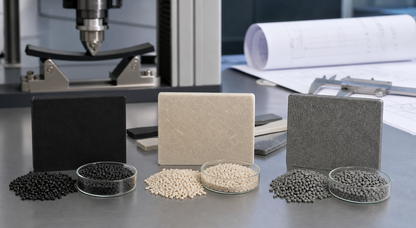PA66 GF15 vs GF30 vs GF60: Glass-Filled Nylon Grade Selection Guide PA66 GF15 GF30 and GF60 glass-filled nylon grade comparison samples