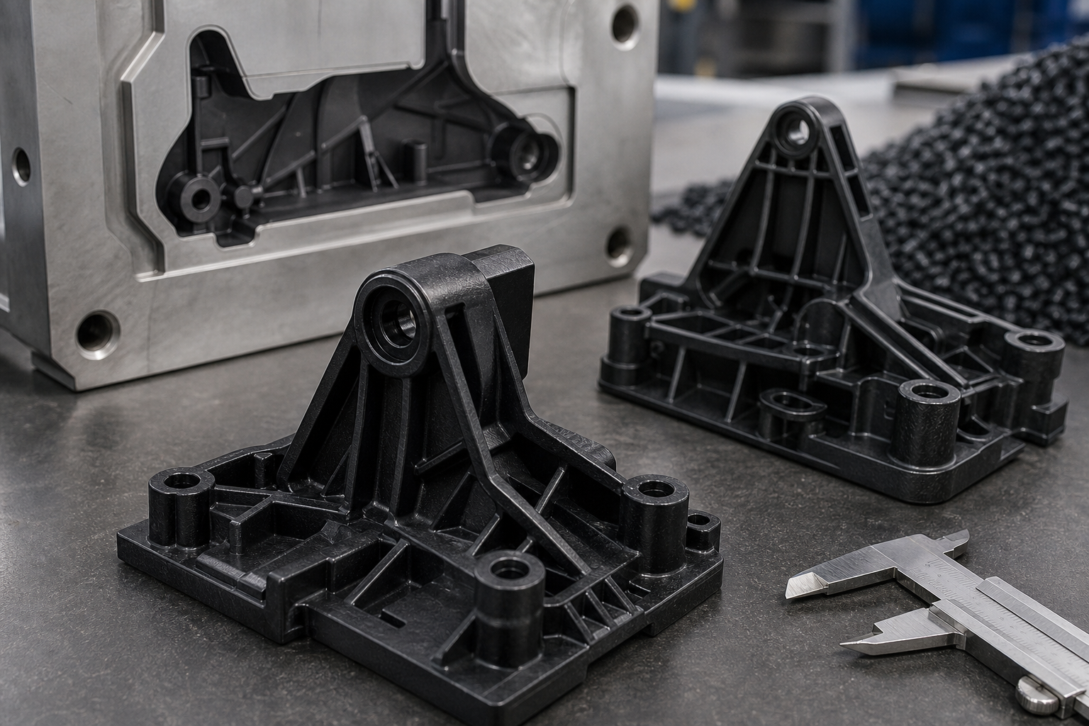 PA66 GF15 vs GF30 vs GF60: Glass-Filled Nylon Grade Selection Guide Glass-filled PA66 molded brackets showing fiber orientation and rib design