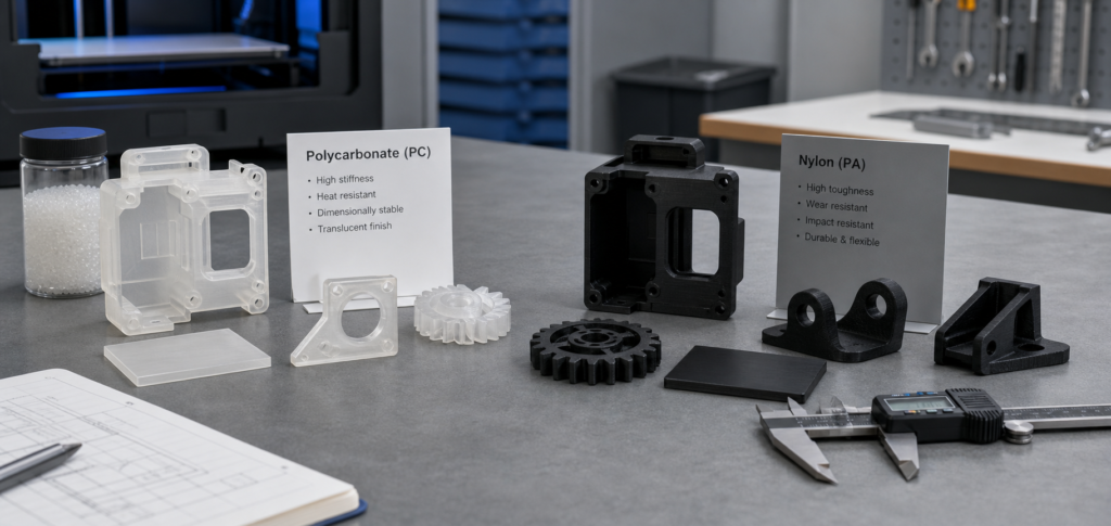 PC vs nylon filament comparison with functional printed parts and engineering review tools