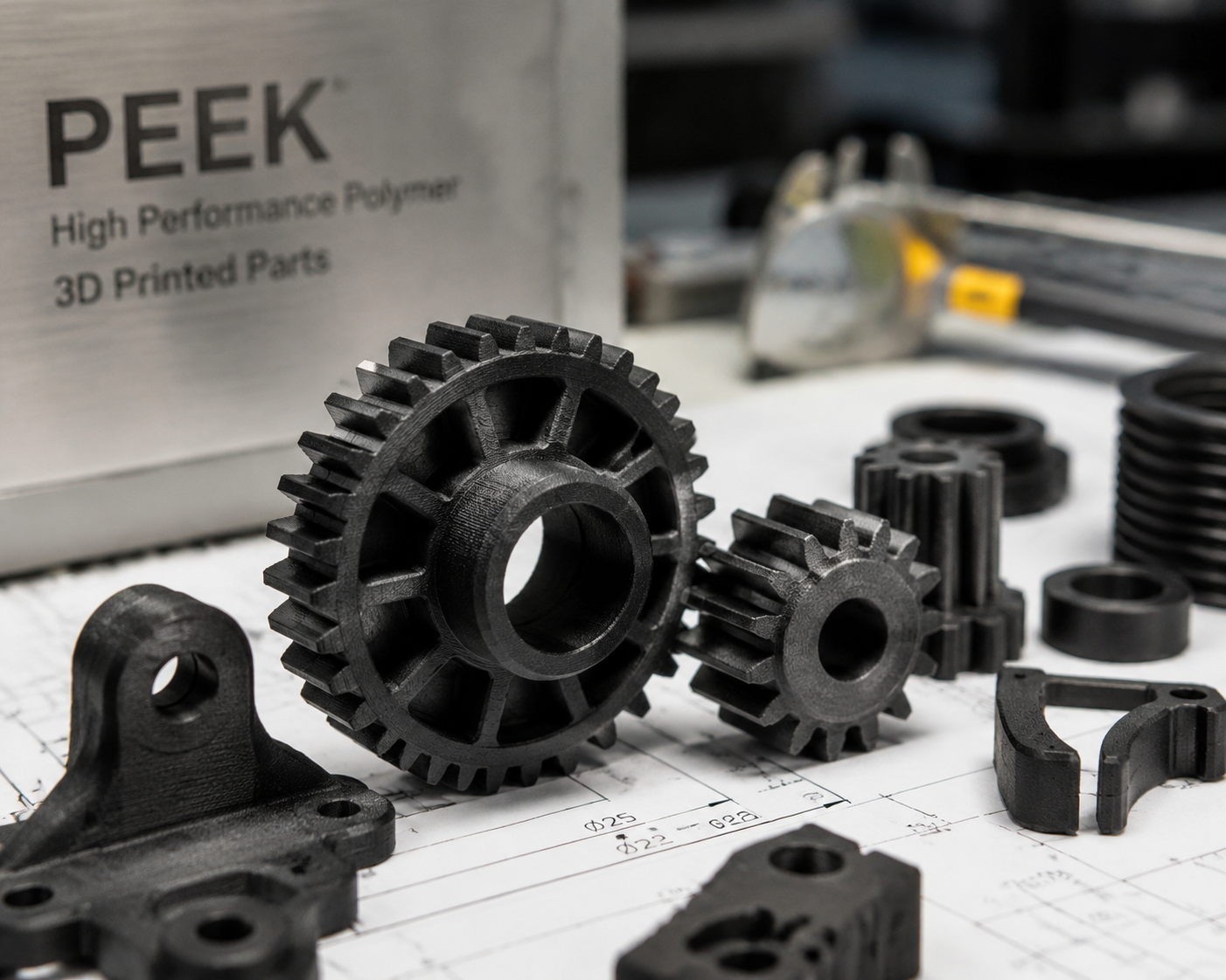 Black PEEK 3D printed industrial gears and mechanical components on engineering workbench