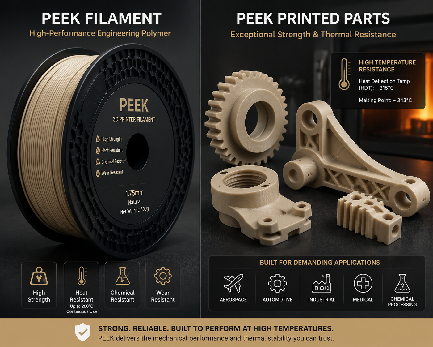 Side-by-side comparison of PEEK filament spool and printed high-temperature mechanical parts