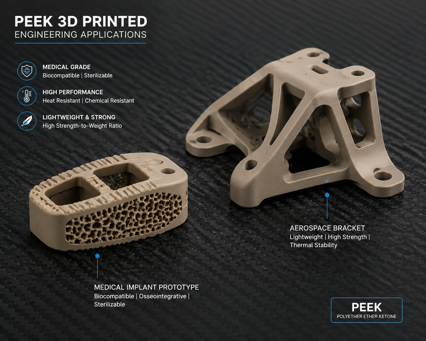 Technical illustration of PEEK 3D printed layers showing crystallinity and thermal stability structure