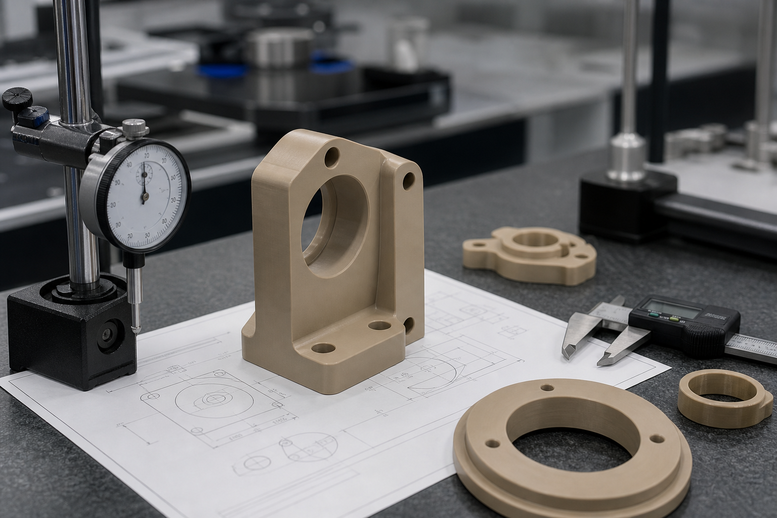 Servicios de mecanizado CNC de PEEK: tolerancias, recocido y guía para solicitar presupuestos Inspección de un componente mecanizado de PEEK con calibres, pinzas de medición y lista de comprobación dimensional