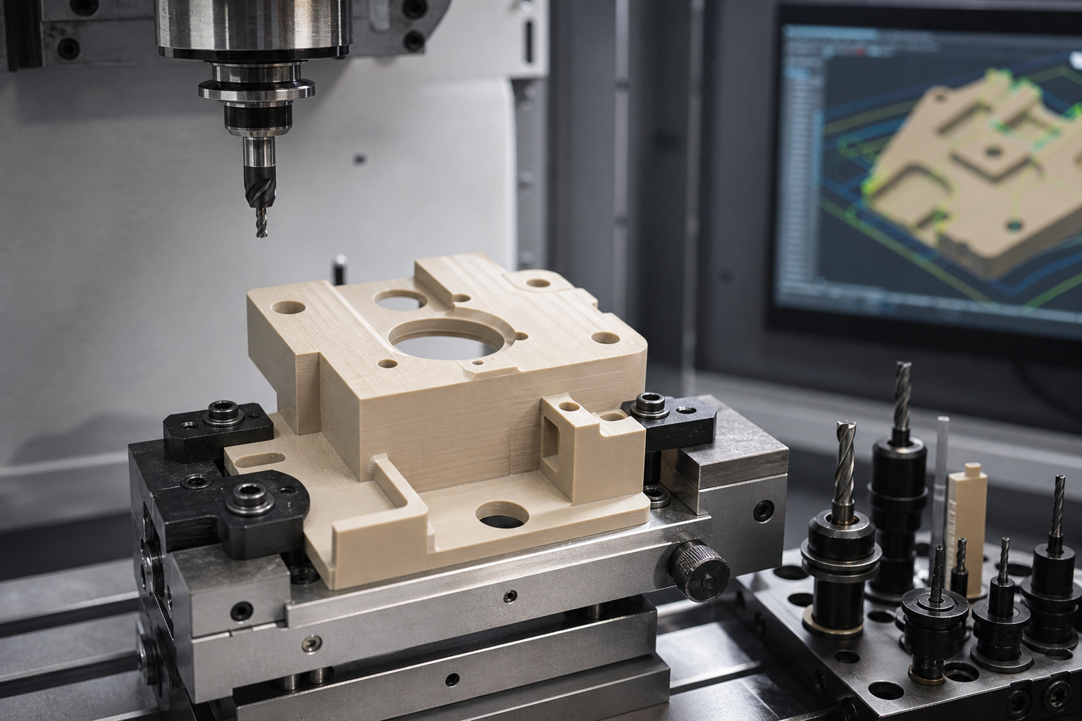 Servicios de mecanizado CNC de PEEK: tolerancias, recocido y guía para solicitar presupuestos Ingeniero que revisa la configuración del mecanizado de PEEK, las trayectorias de las herramientas y la estrategia de sujeción para componentes plásticos de precisión