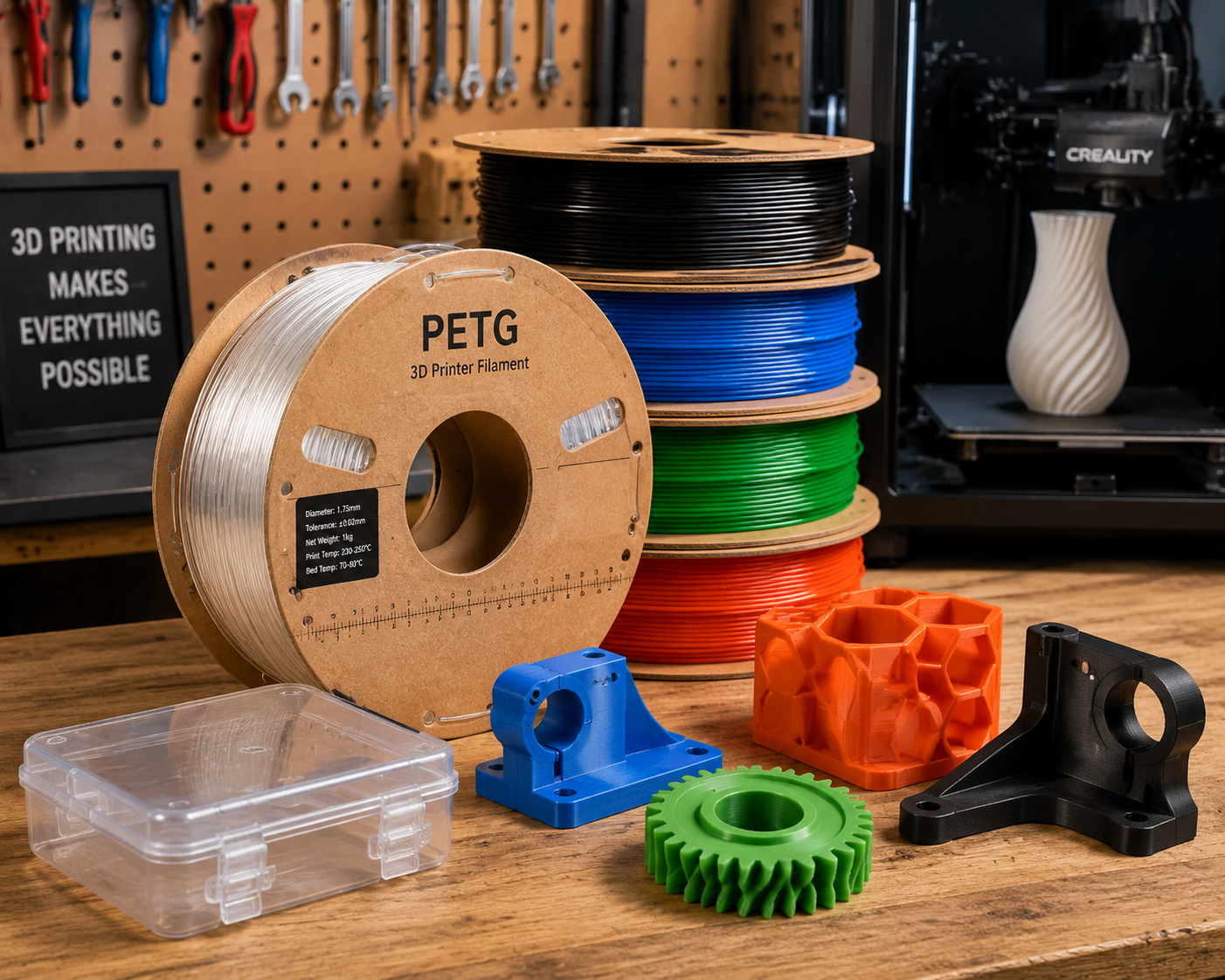 PETG filament spools with transparent and colored options alongside 3D printed functional parts