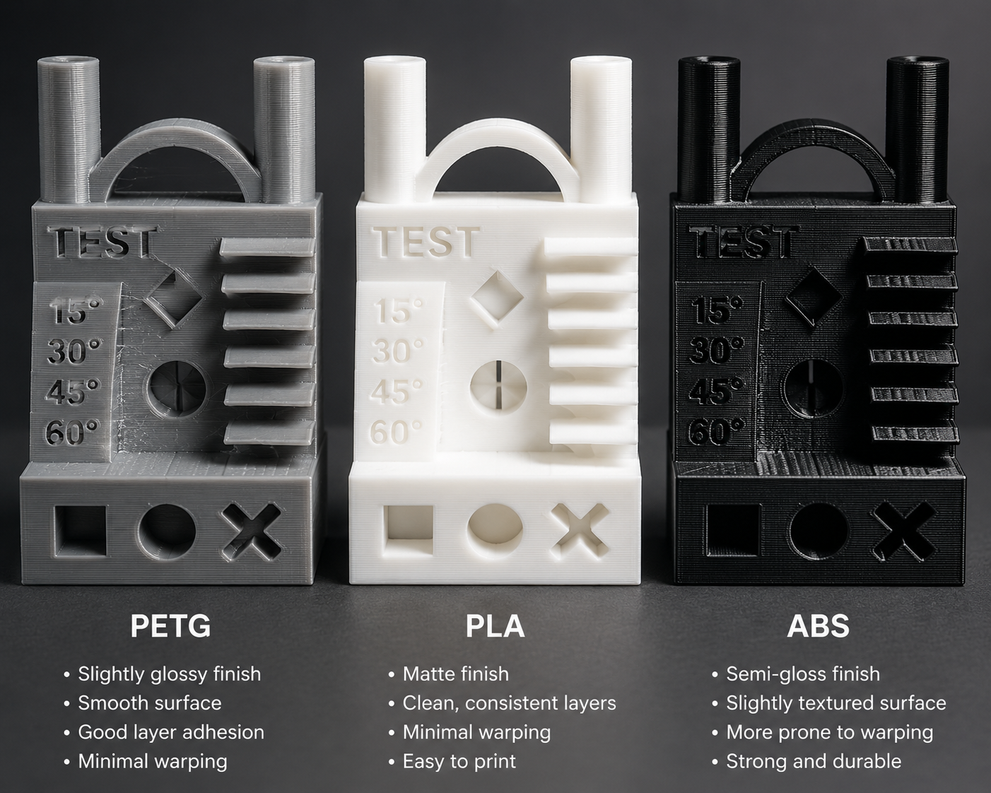 Three-way comparison of PETG vs PLA vs ABS printed parts showing different surface finishes and mechanical properties