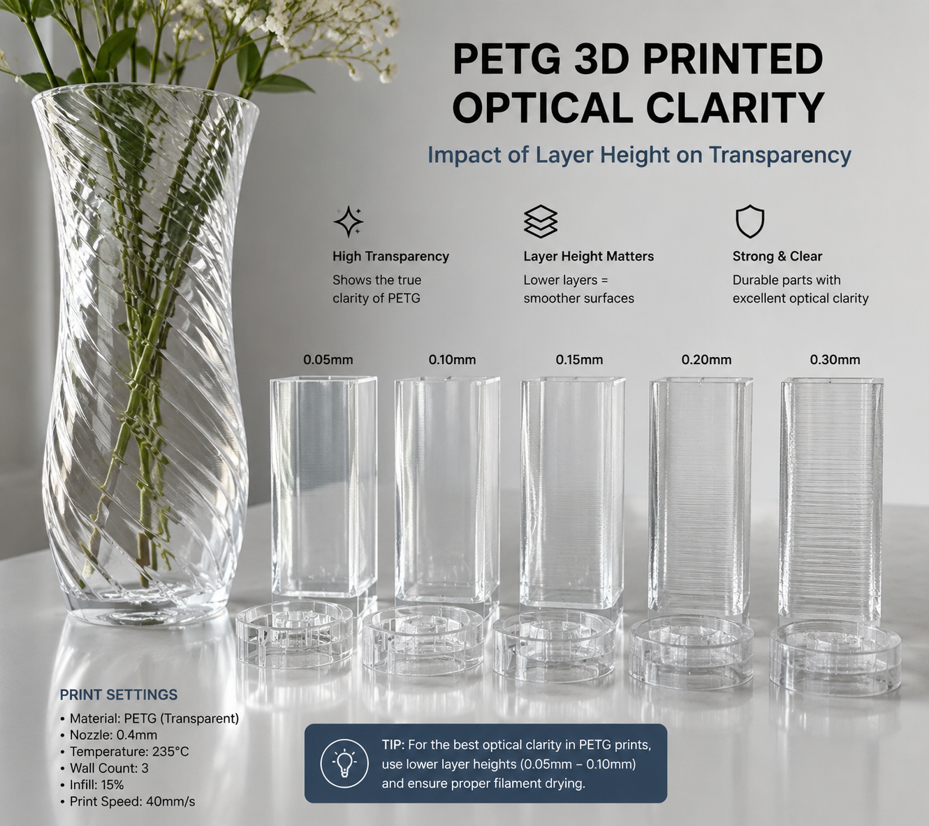 PETG 3D printed transparent parts showing clarity and optical properties with different layer heights